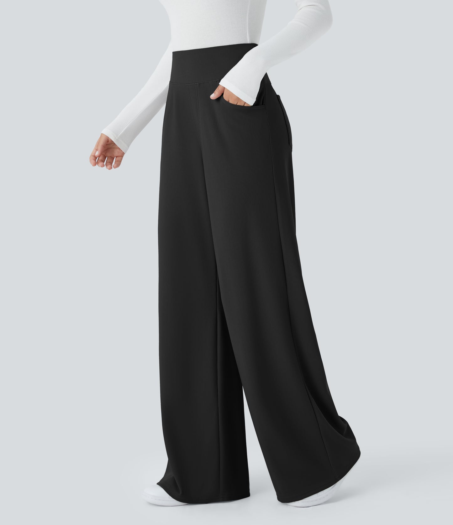 High Waisted Tummy Control Pockets Wide Leg Micro Waffle Work Pants