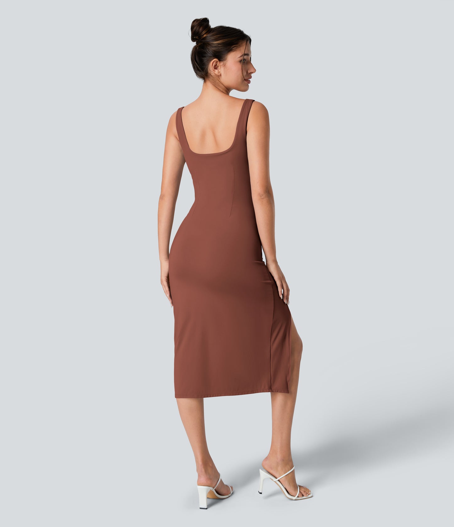 Square Neck Backless Corset Ruched Split Bodycon Midi Cool Touch Bridesmaid and Wedding Guest Dress