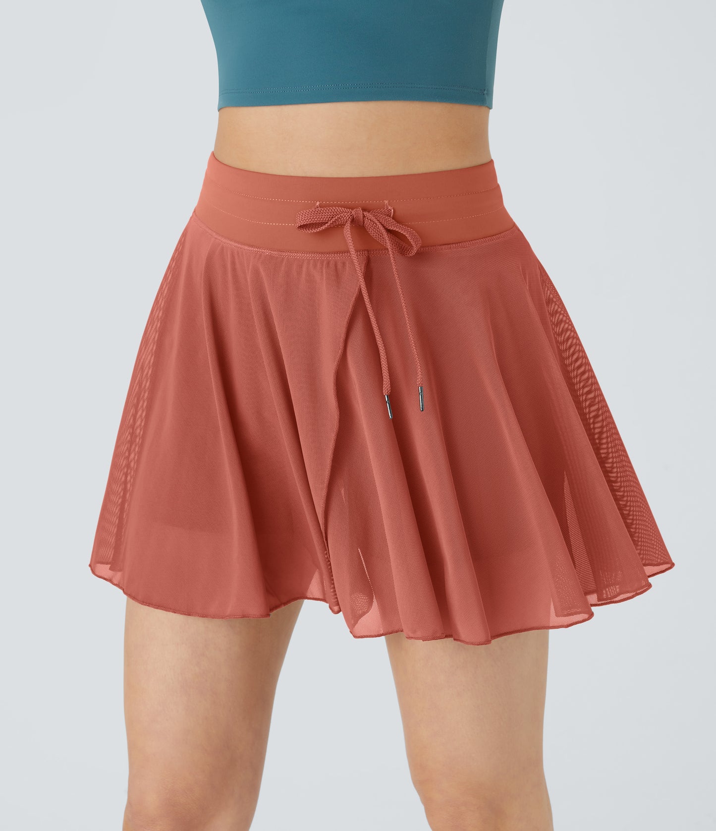 High Waisted Drawstring Contrast Mesh 2-in-1 Pocket Flowy Mini Flare Casual Skirt