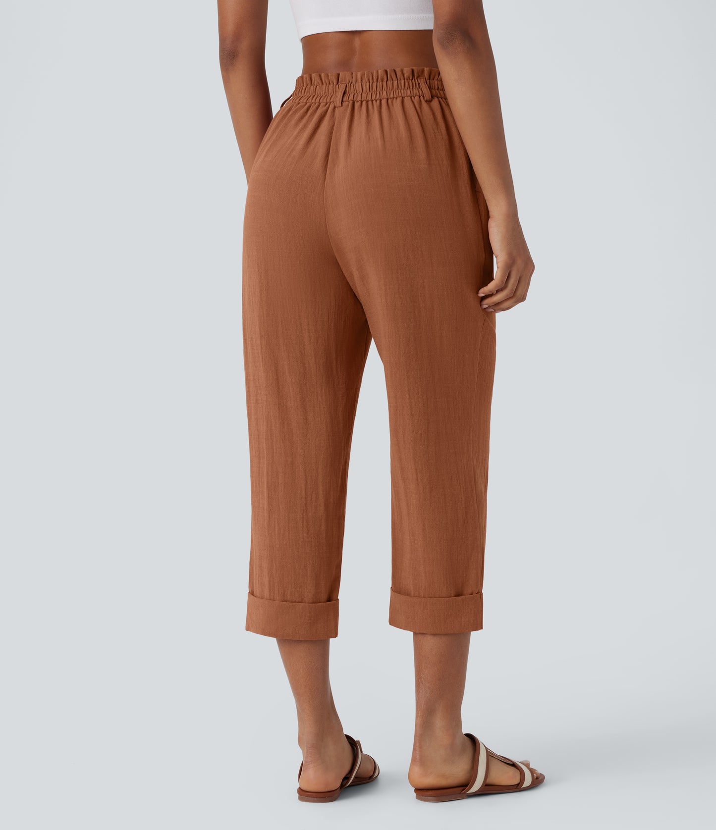 High Waisted Zipper Pocket Capri Linen-Feel Pants