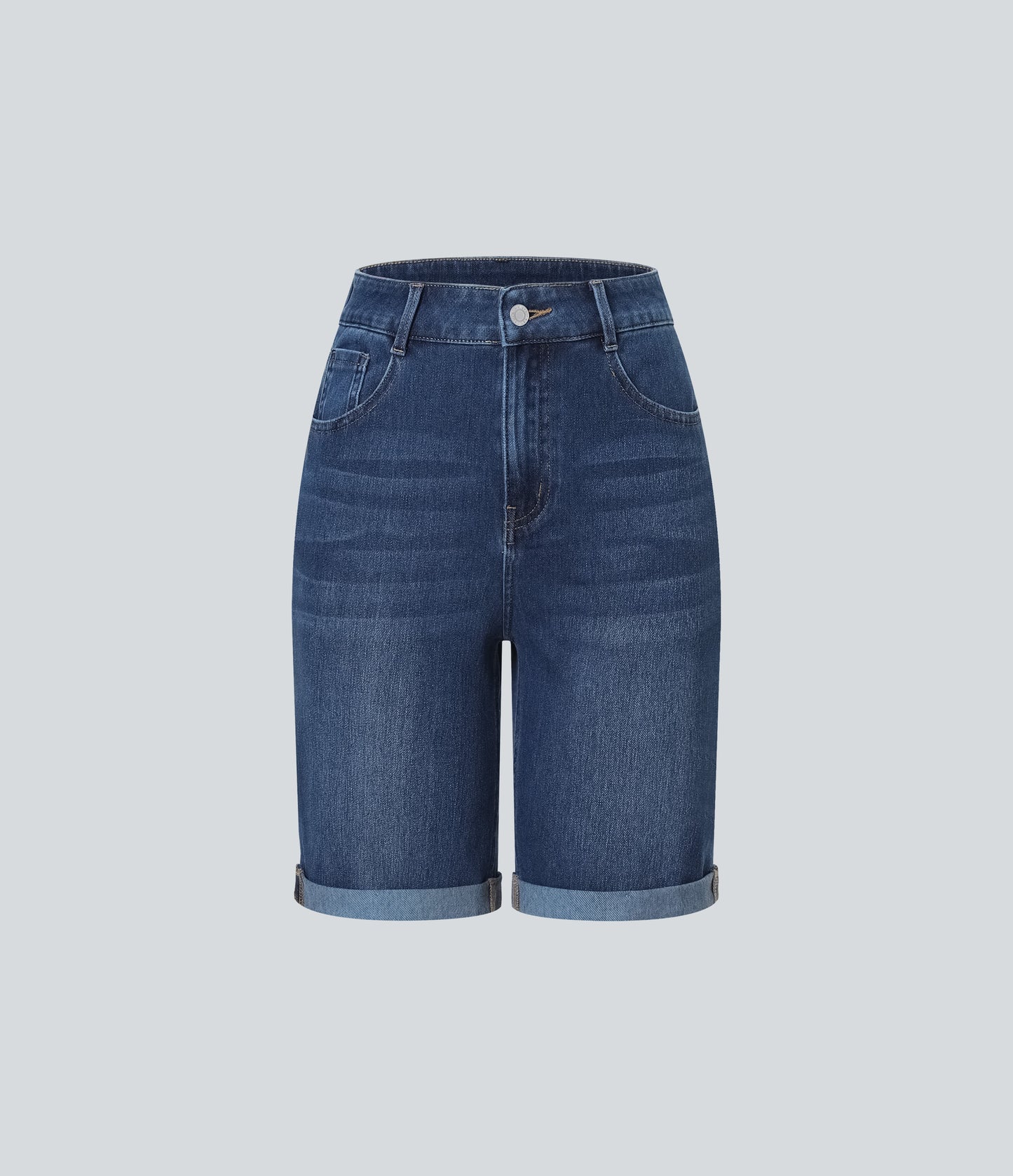 High Waisted Pockets Rolled Hem Washed Denim Casual Bermuda Shorts
