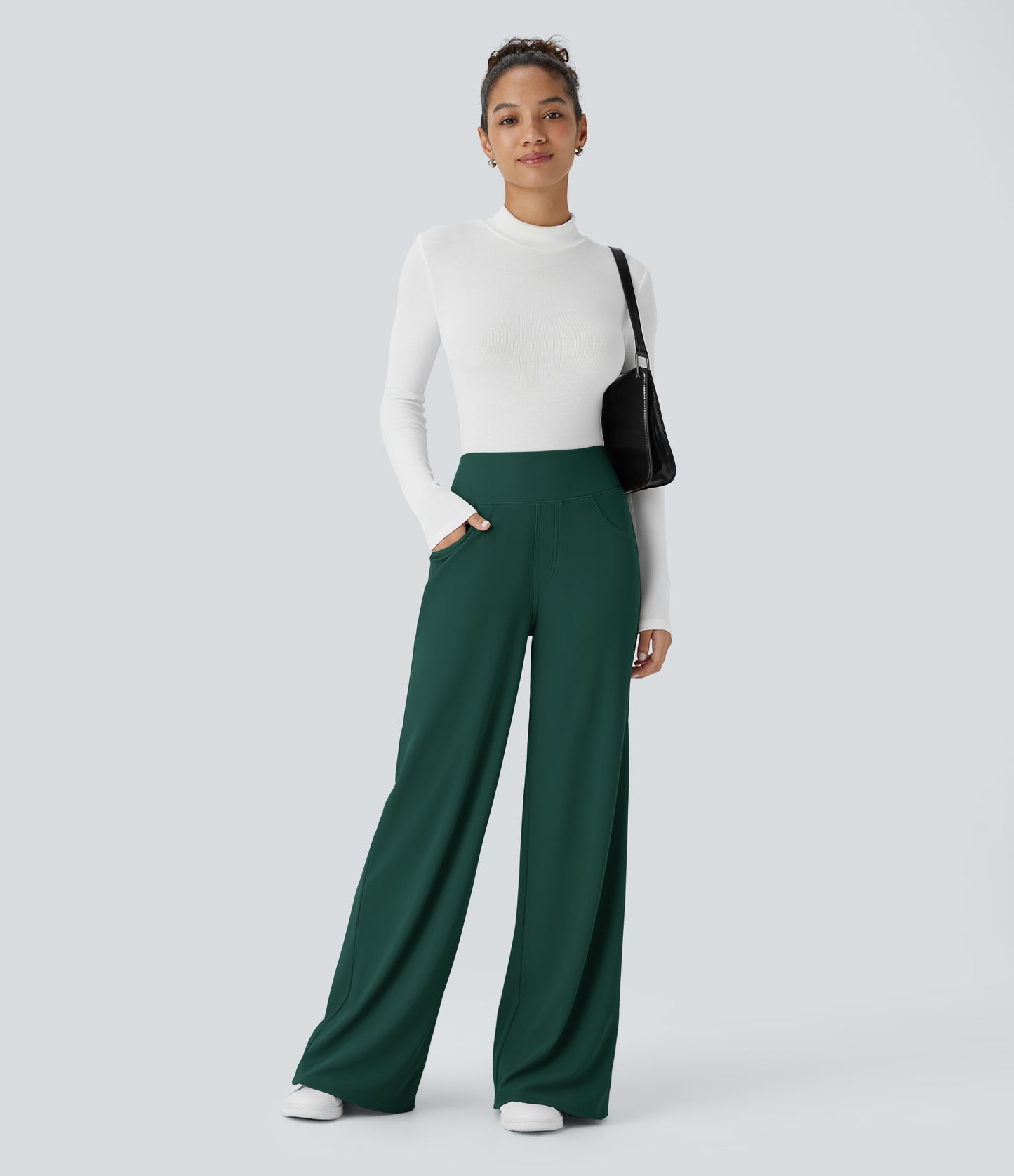 High Waisted Tummy Control Pockets Wide Leg Micro Waffle Work Pants