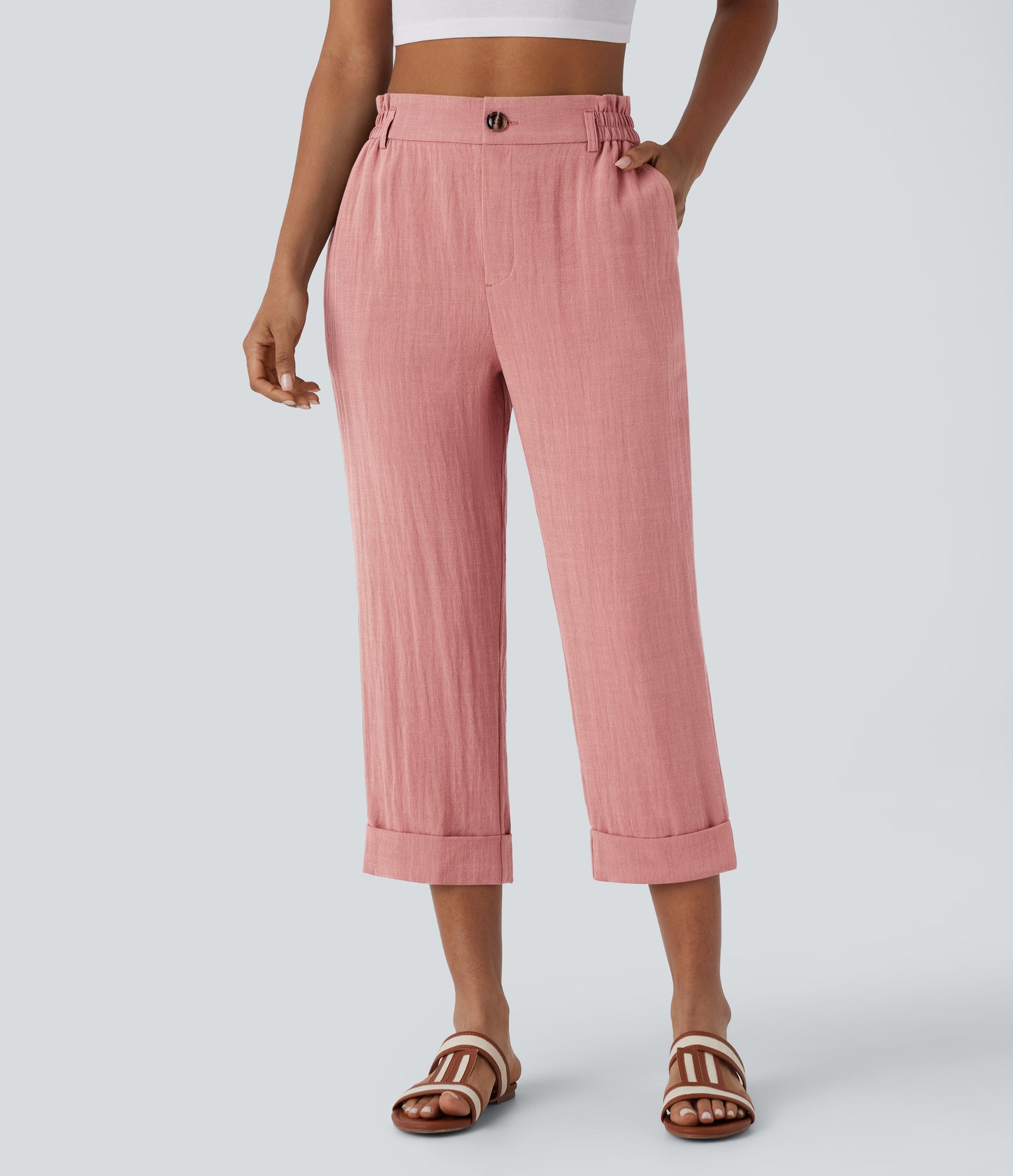 High Waisted Zipper Pocket Capri Linen-Feel Pants