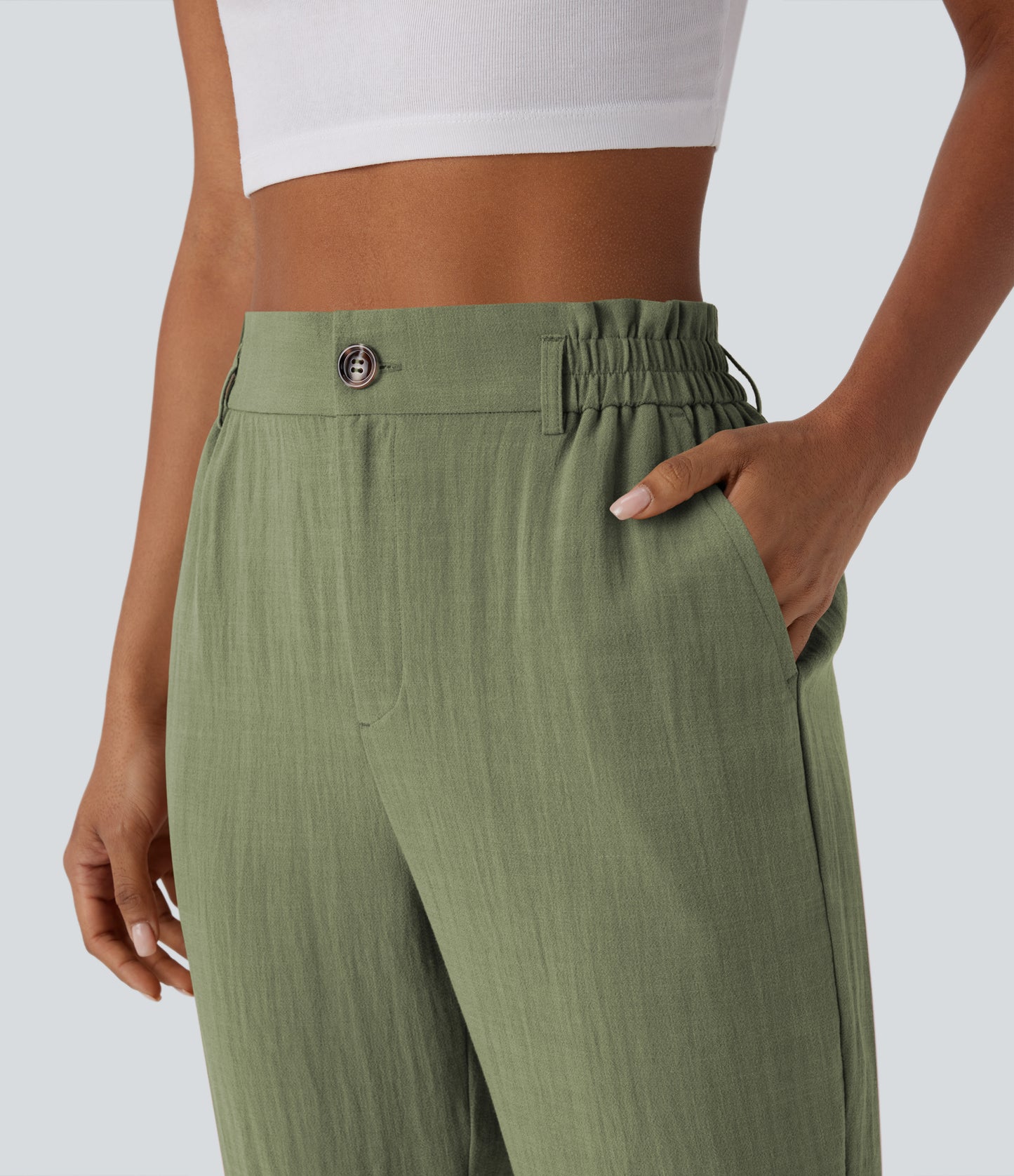 High Waisted Zipper Pocket Capri Linen-Feel Pants