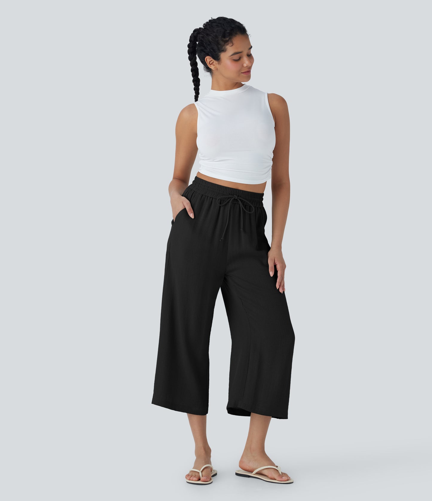 High Waisted Drawstring Wide Leg Cropped Casual Linen-Feel Pants with Pockets