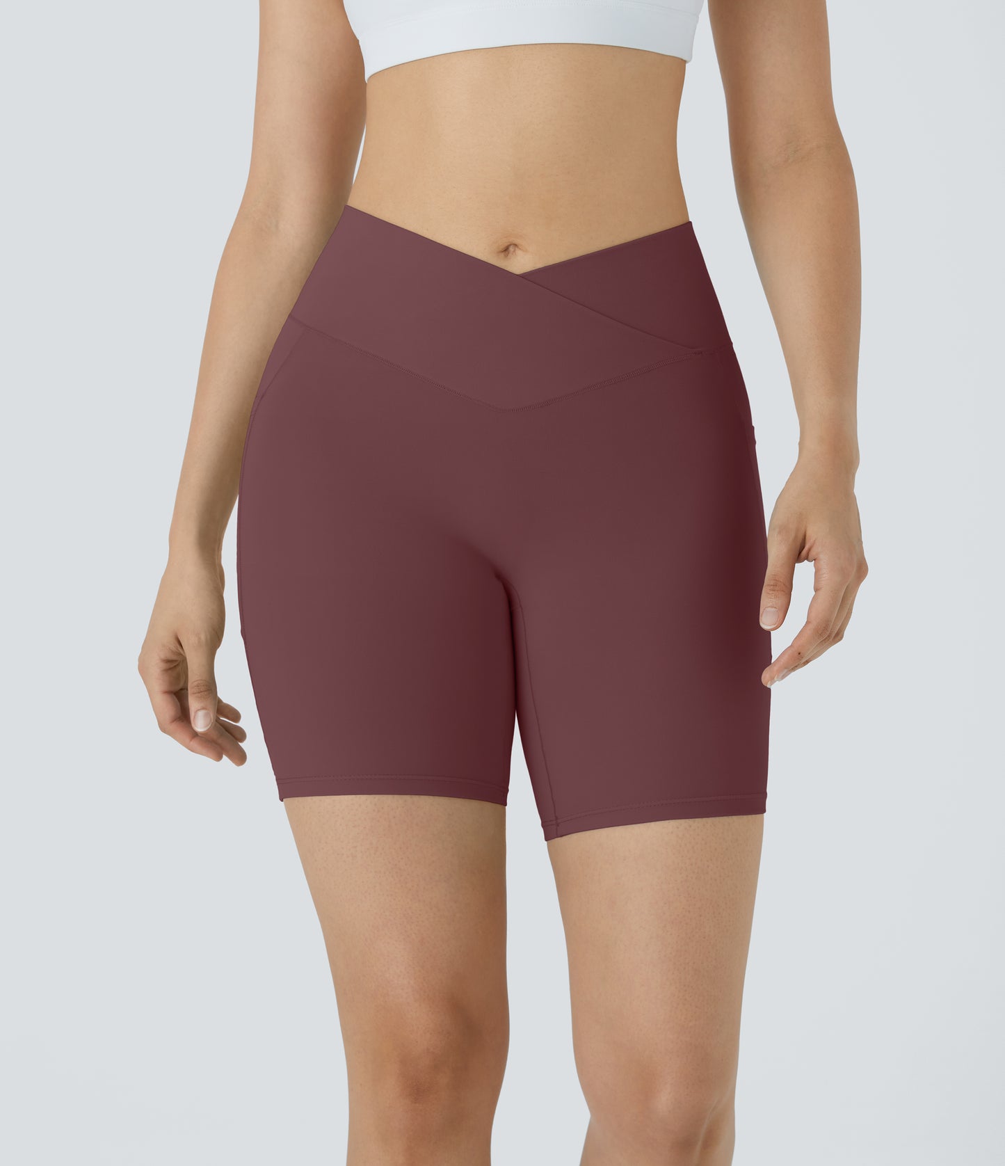 High Waisted Crossover Pocket Yoga Biker Shorts 7"-UPF50+