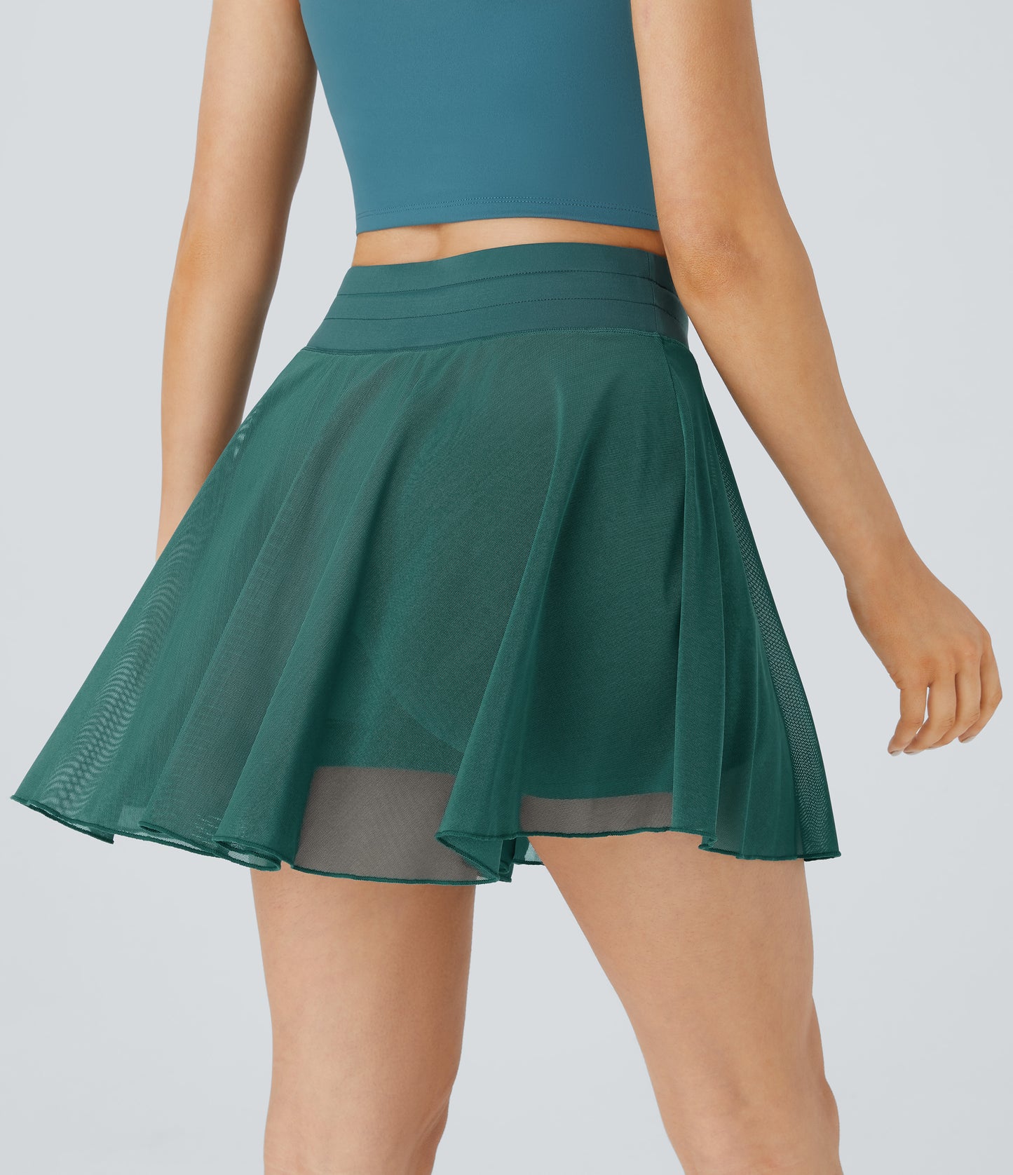 High Waisted Drawstring Contrast Mesh 2-in-1 Pocket Flowy Mini Flare Casual Skirt