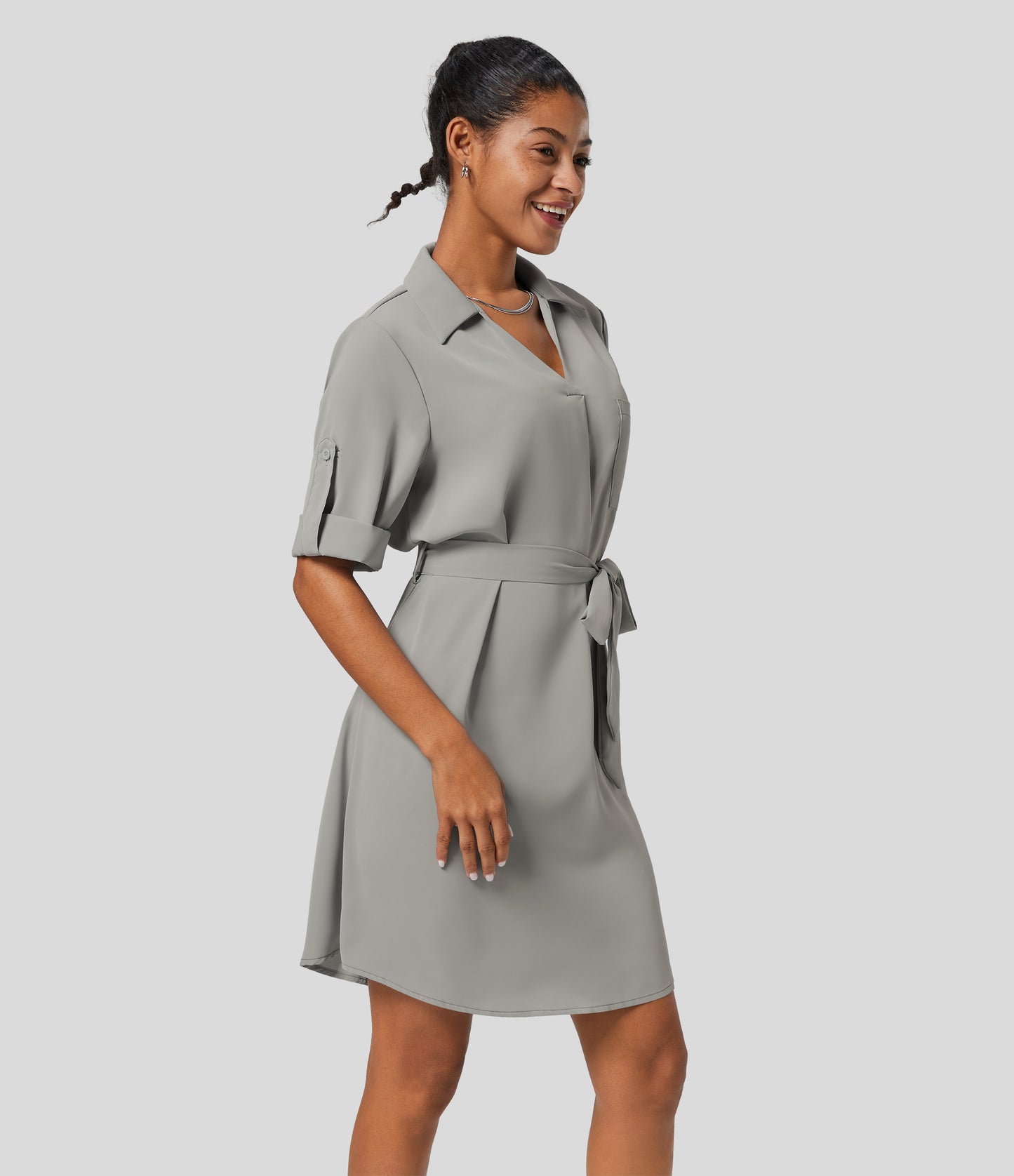 Roll Up Sleeve Belted Relaxed Work Shirt Dress