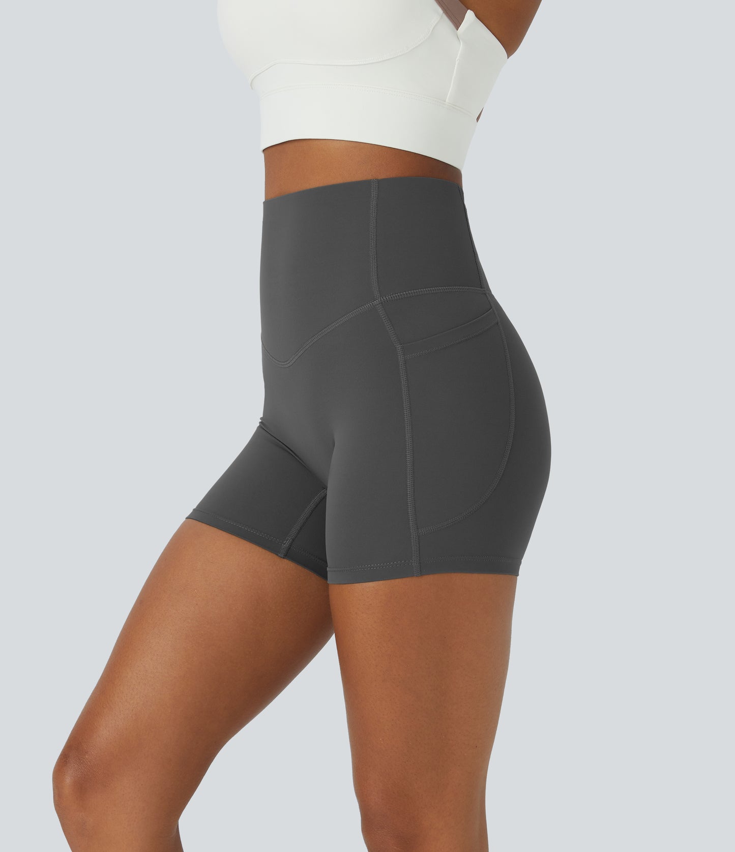Høy midje magekontroll sidelommer formende treningsbiker shorts 12,5 cm