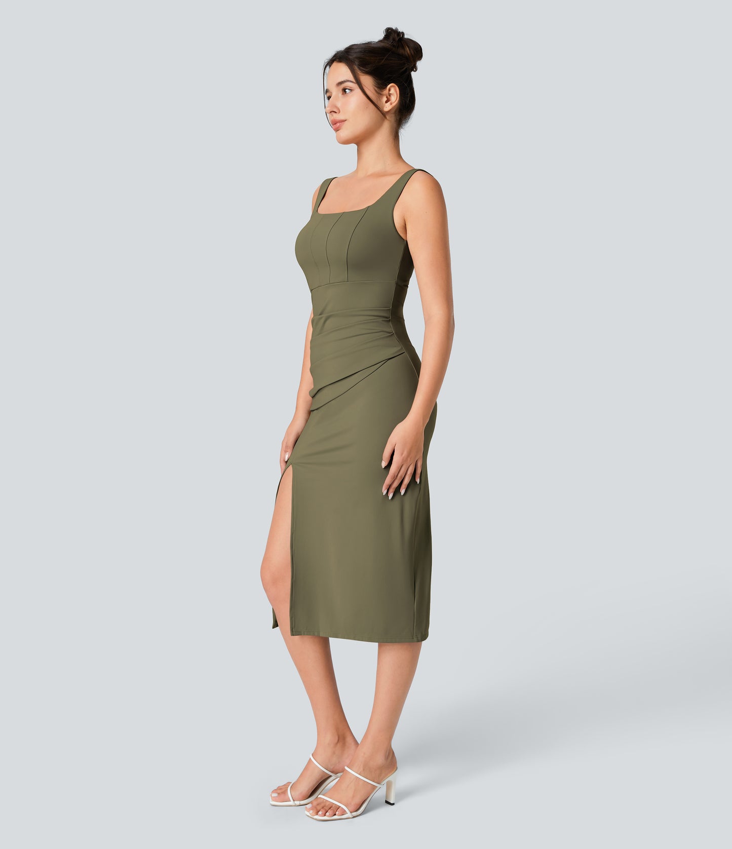Square Neck Backless Corset Ruched Split Bodycon Midi Cool Touch Bridesmaid and Wedding Guest Dress
