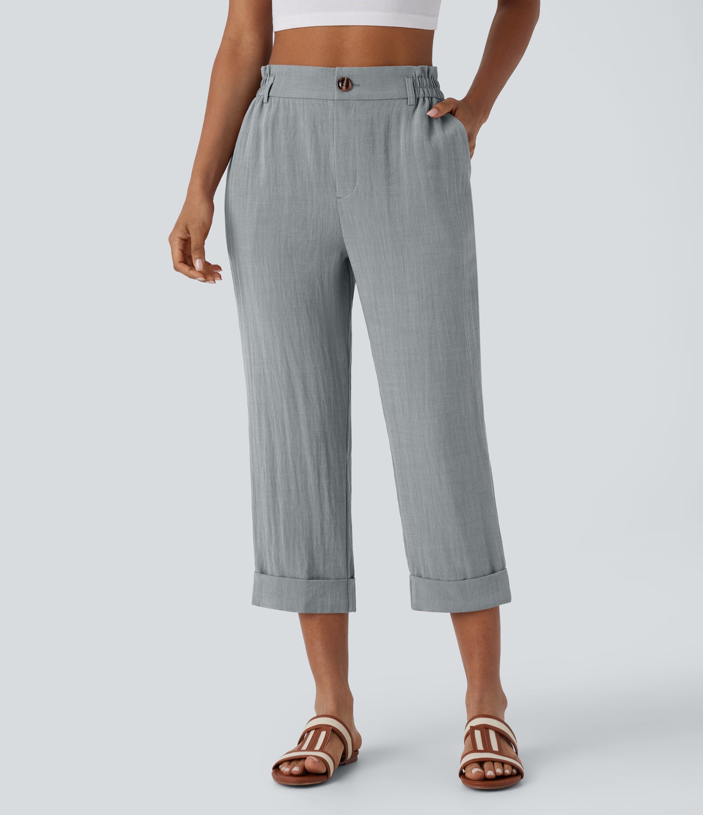 High Waisted Zipper Pocket Capri Linen-Feel Pants