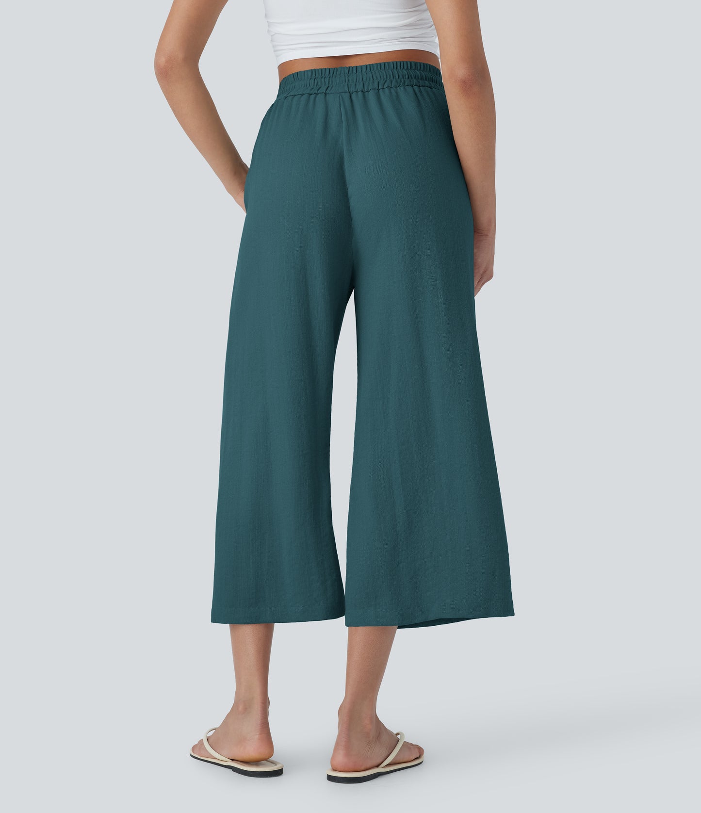 High Waisted Drawstring Wide Leg Cropped Casual Linen-Feel Pants with Pockets