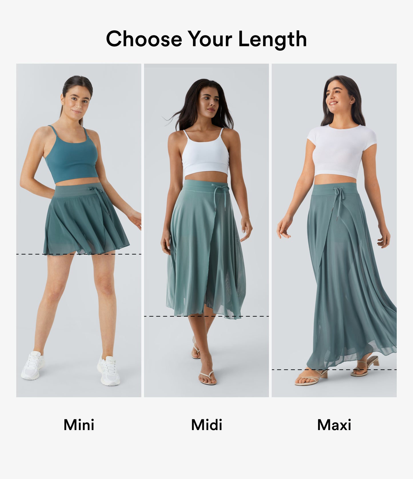 High Waisted Drawstring Contrast Mesh 2-in-1 Pocket Flowy Maxi Flare Casual Skirt