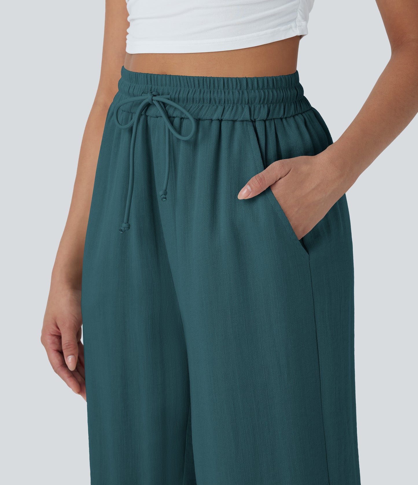High Waisted Drawstring Wide Leg Cropped Casual Linen-Feel Pants with Pockets