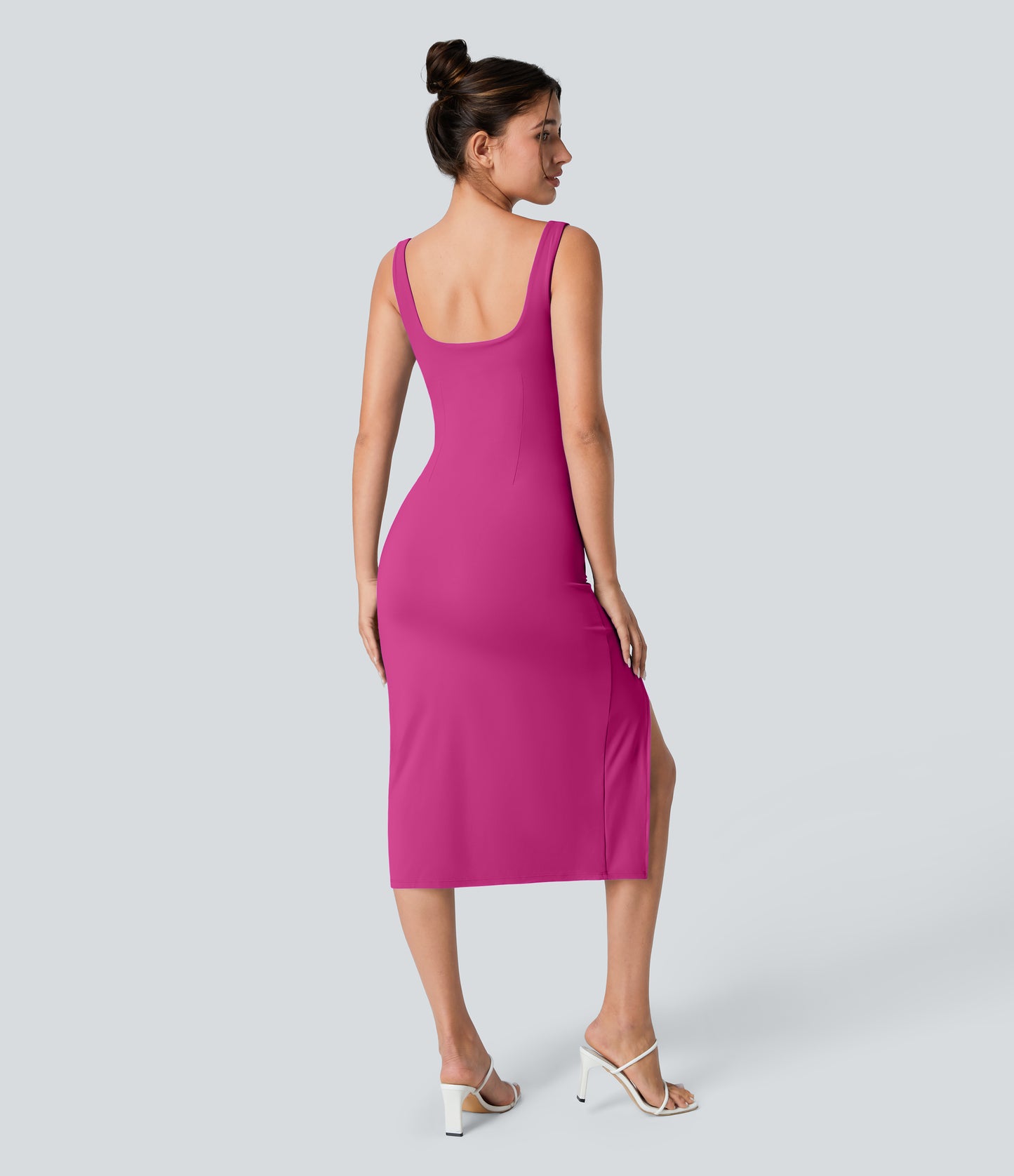 Square Neck Backless Corset Ruched Split Bodycon Midi Cool Touch Bridesmaid and Wedding Guest Dress