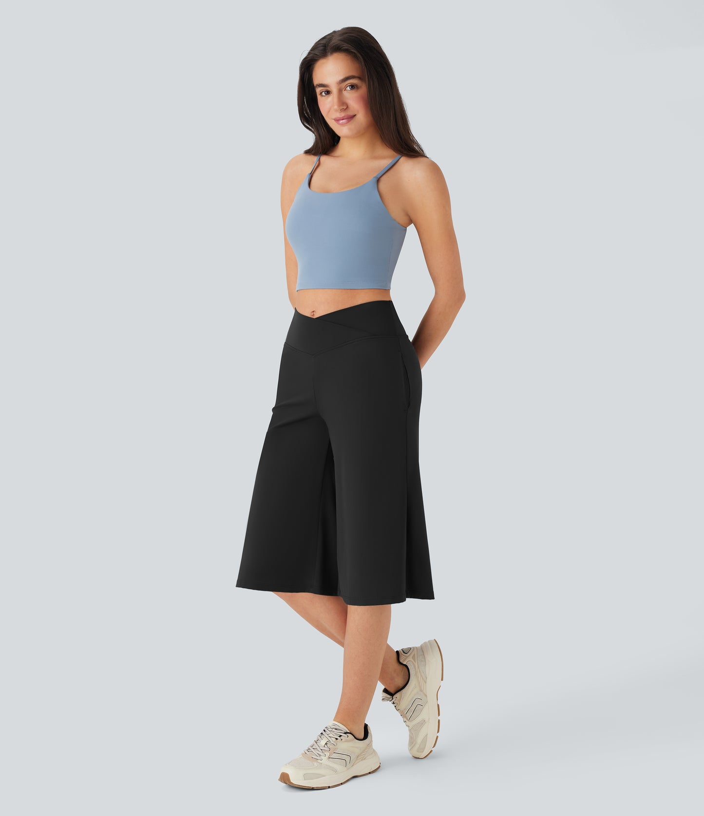 High Waisted Wide Leg Cool Touch Yoga Pedal Pusher Pants with Pockets