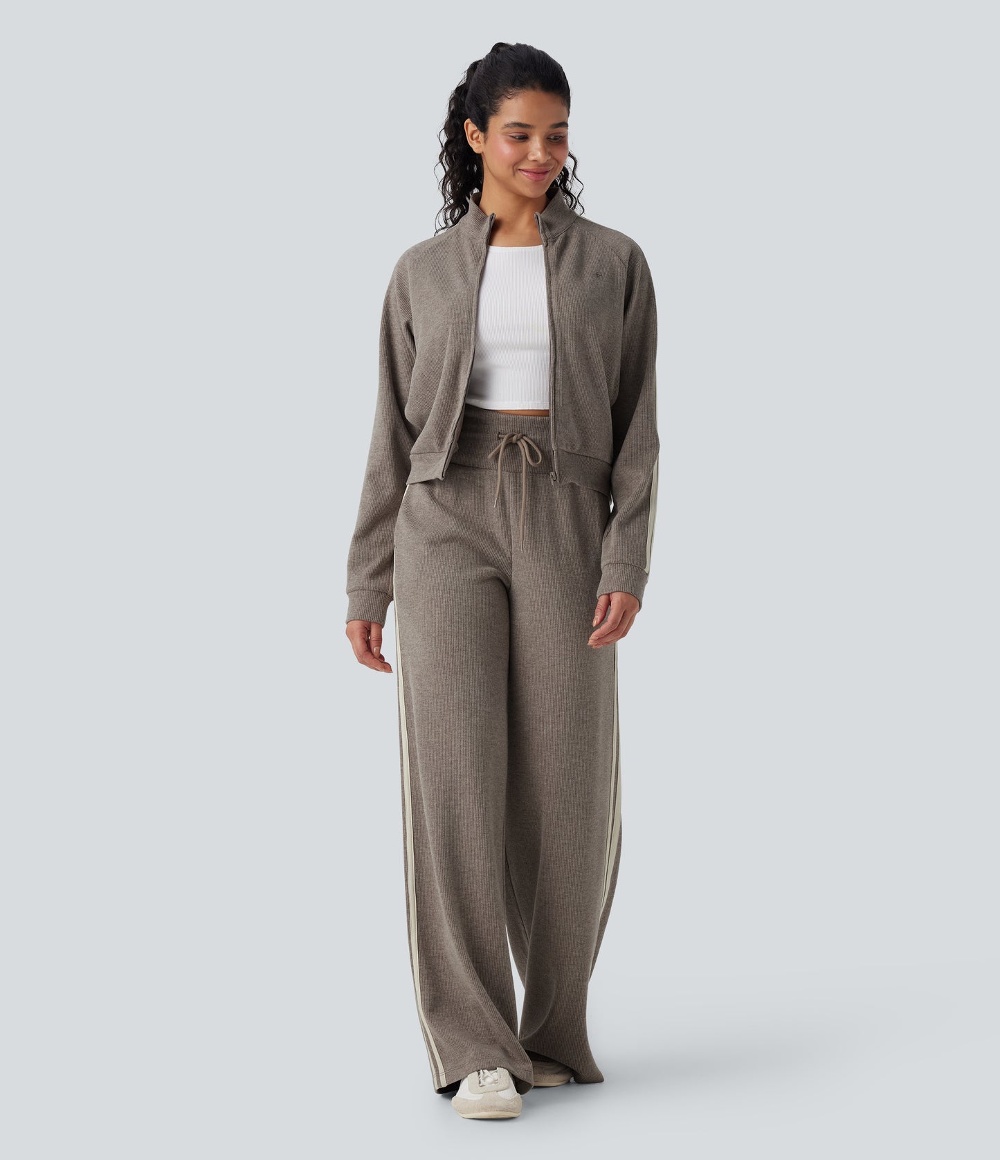 High Waisted Tummy Control Drawstring Wide Leg Color Block Casual Pants with Pockets