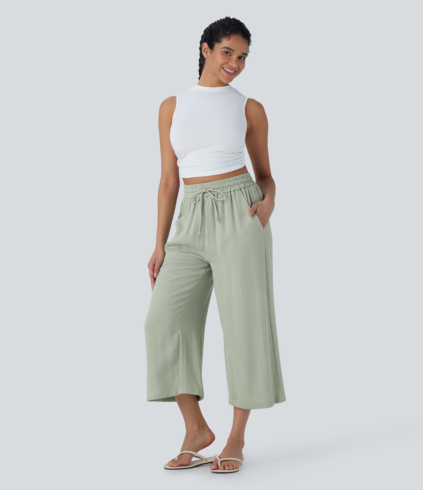 High Waisted Drawstring Wide Leg Cropped Casual Linen-Feel Pants with Pockets