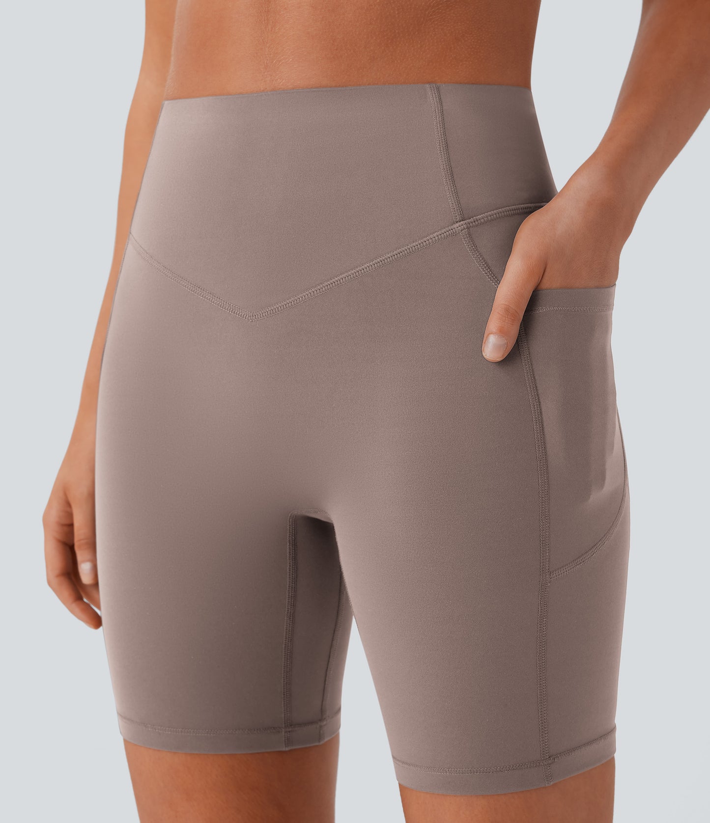 Høy midje, skrumpet rumpeløftende, magekontroll, formende treningsbiker-shorts med sidelommer, 18 cm