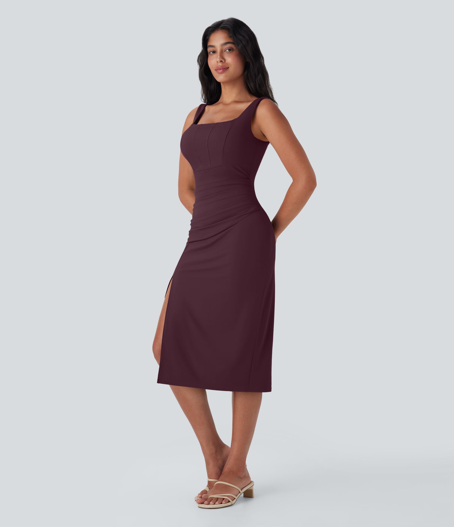 Square Neck Corset Ruched Bodycon Midi Cool Touch Dress-D/DD/DDD/F Cups