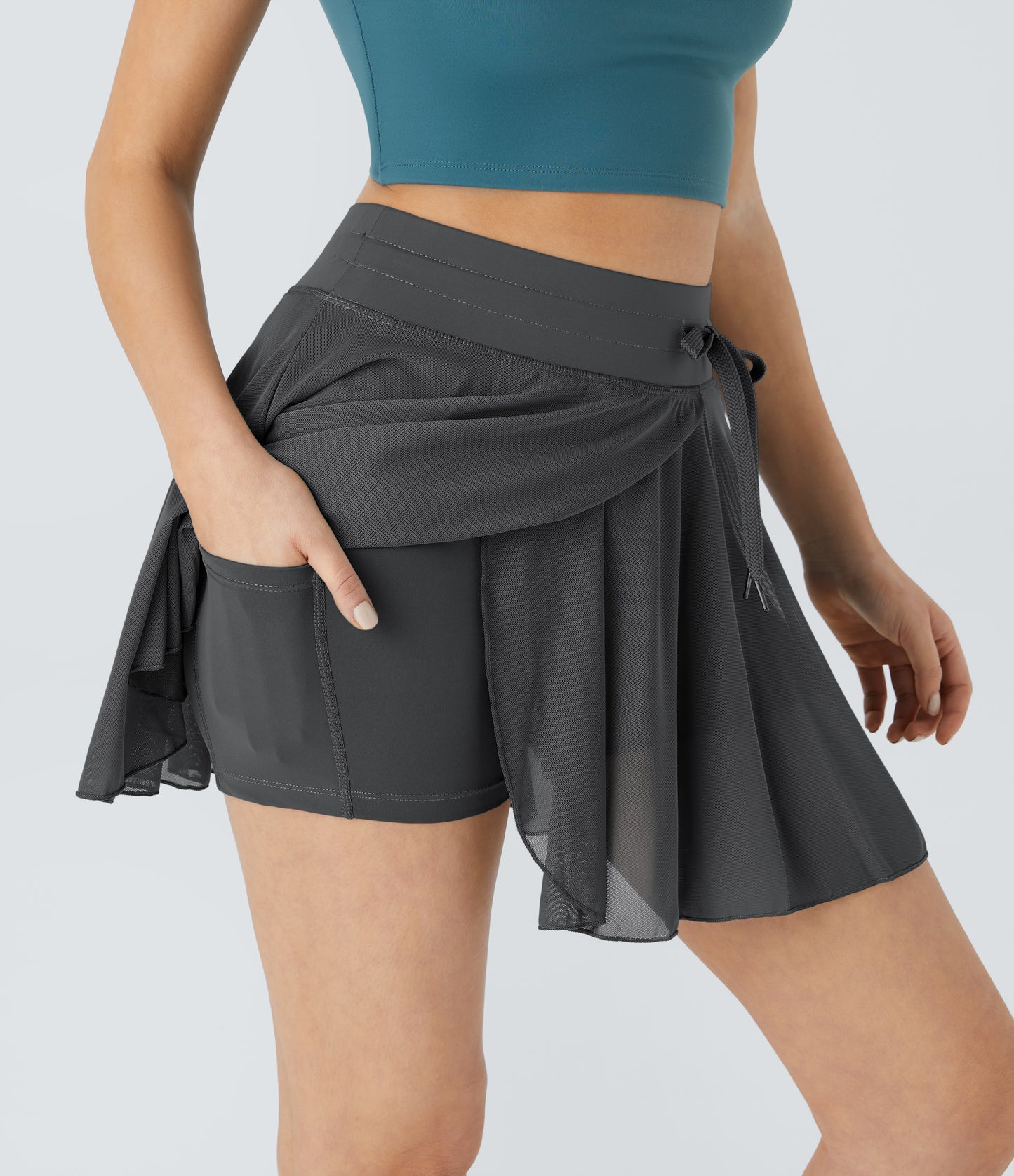 High Waisted Drawstring Contrast Mesh 2-in-1 Pocket Flowy Mini Flare Casual Skirt