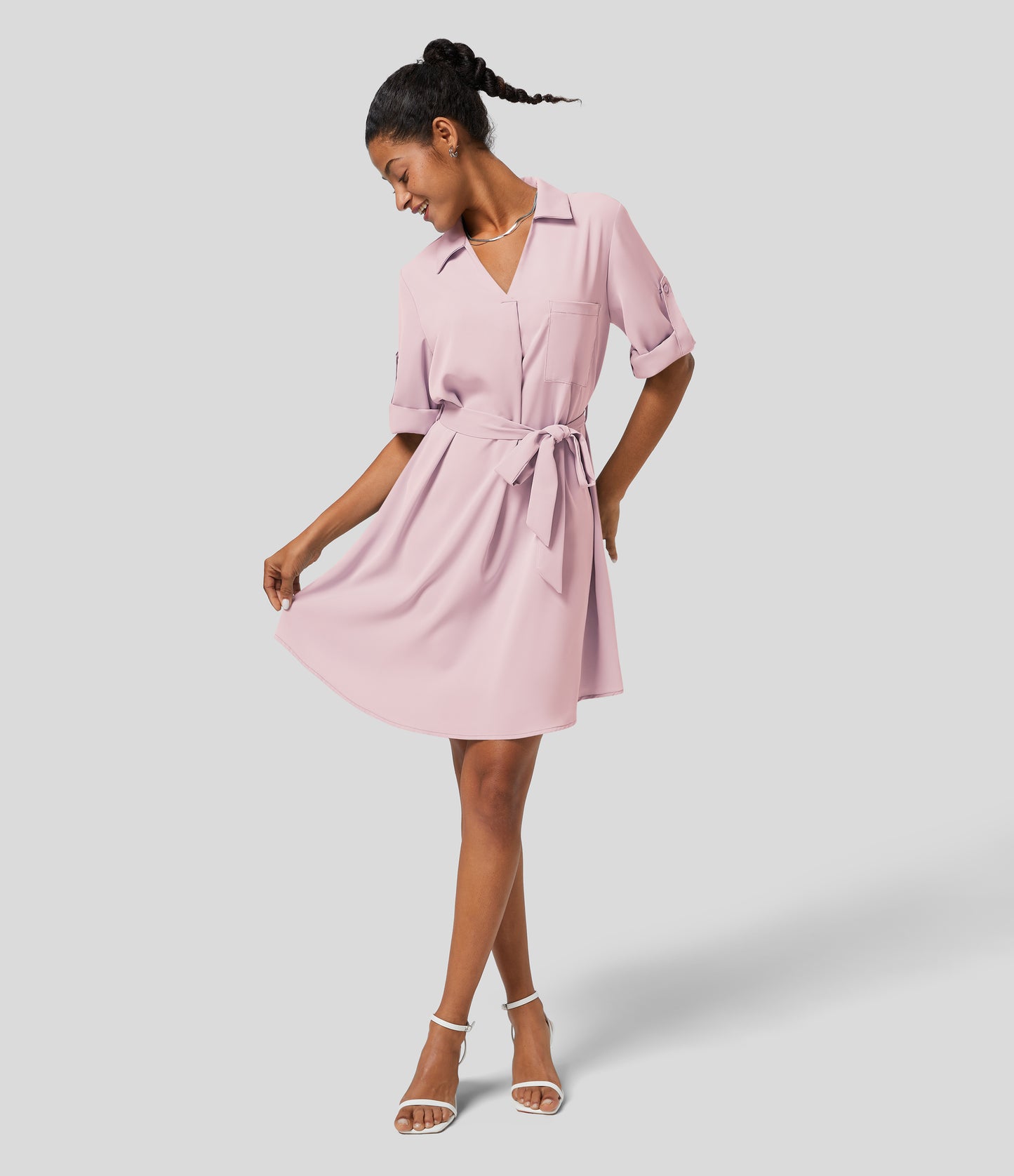 Roll Up Sleeve Belted Relaxed Work Shirt Dress