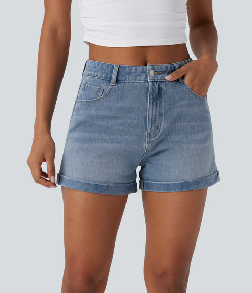 Mittelhohe Denim-Shorts mit Reißverschlusstaschen, 3 Zoll