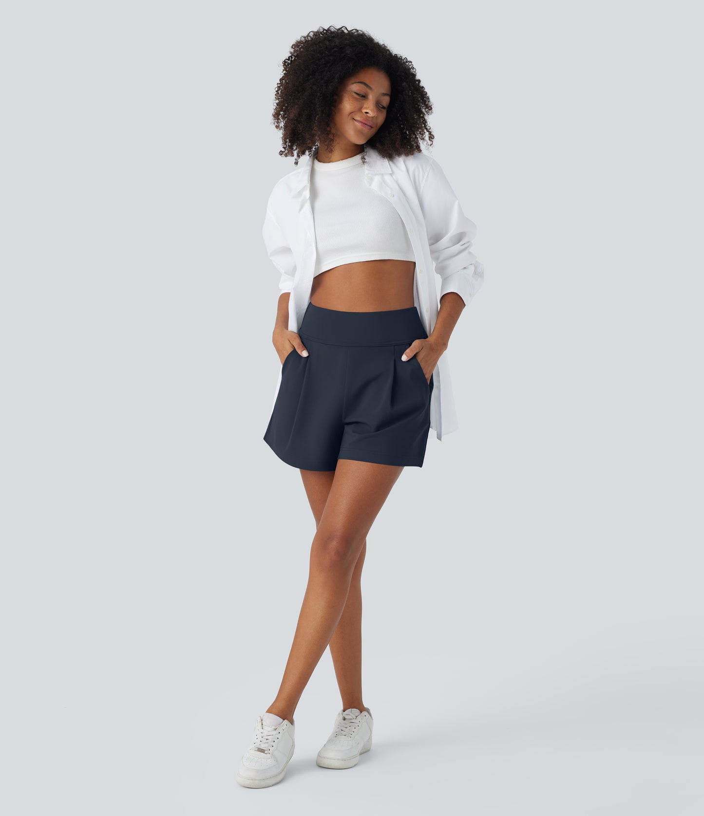High Waisted Pocket Wide Leg Work Shorts