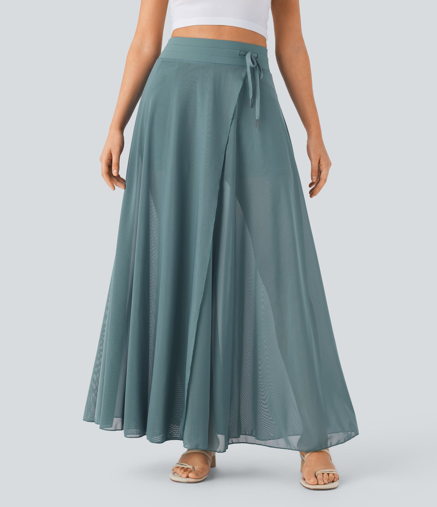 High Waisted Drawstring Contrast Mesh 2-in-1 Pocket Flowy Maxi Flare Casual Skirt