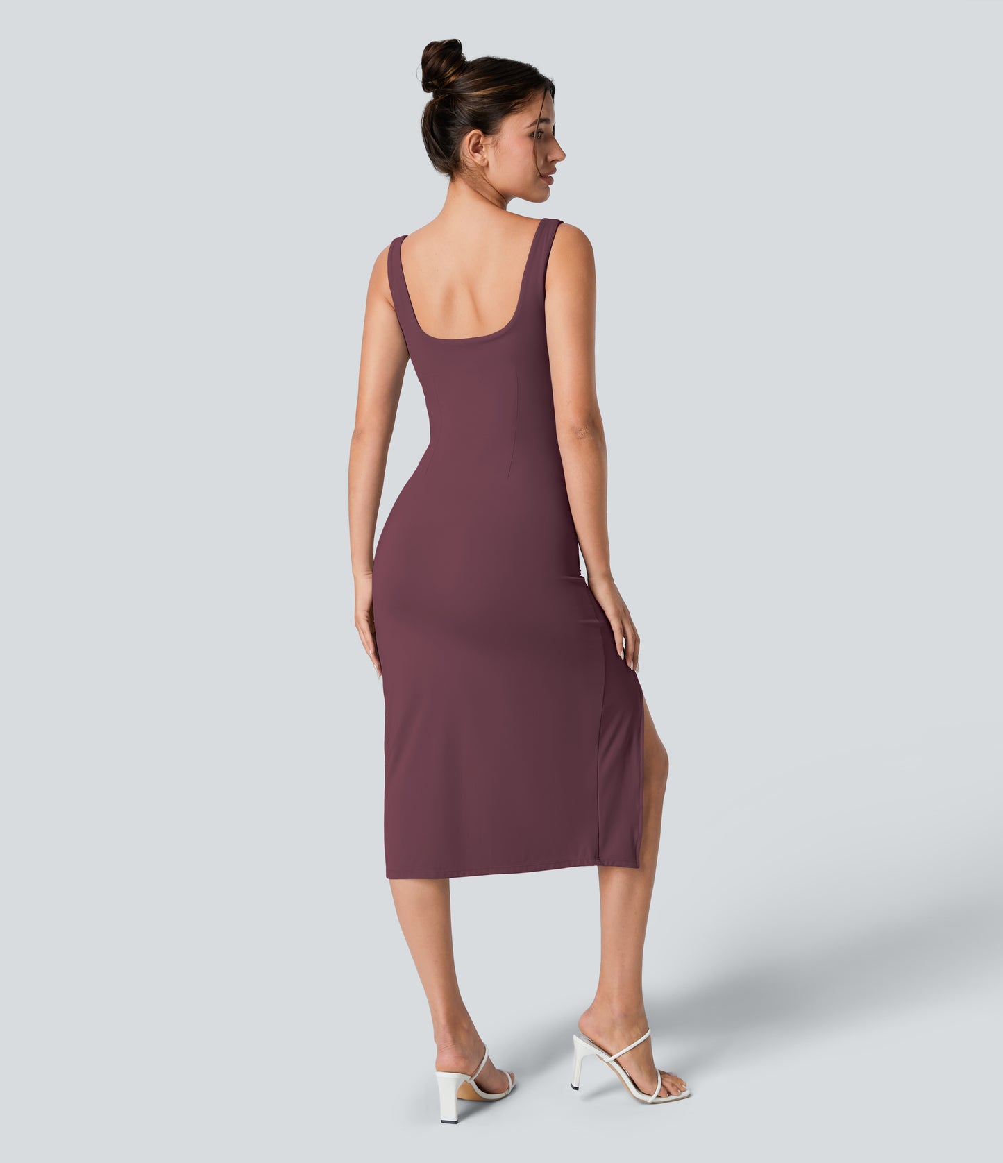 Square Neck Backless Corset Ruched Split Bodycon Midi Cool Touch Bridesmaid and Wedding Guest Dress