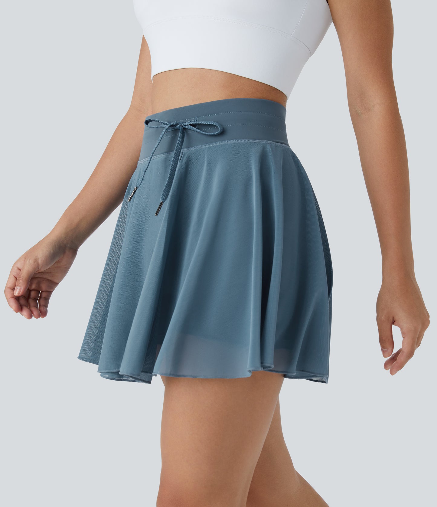 High Waisted Drawstring Contrast Mesh 2-in-1 Pocket Flowy Mini Flare Casual Skirt