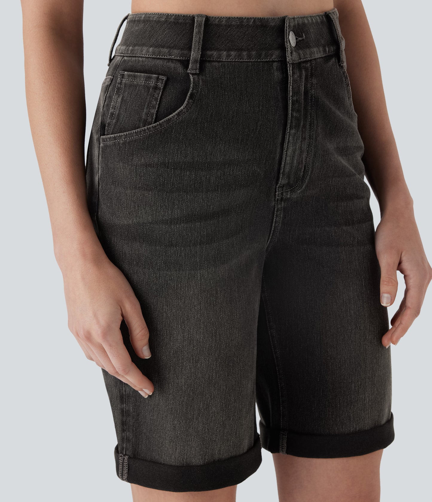 High Waisted Pockets Rolled Hem Washed Denim Casual Bermuda Shorts