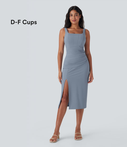Square Neck Corset Ruched Bodycon Midi Cool Touch Dress-D/DD/DDD/F Cups