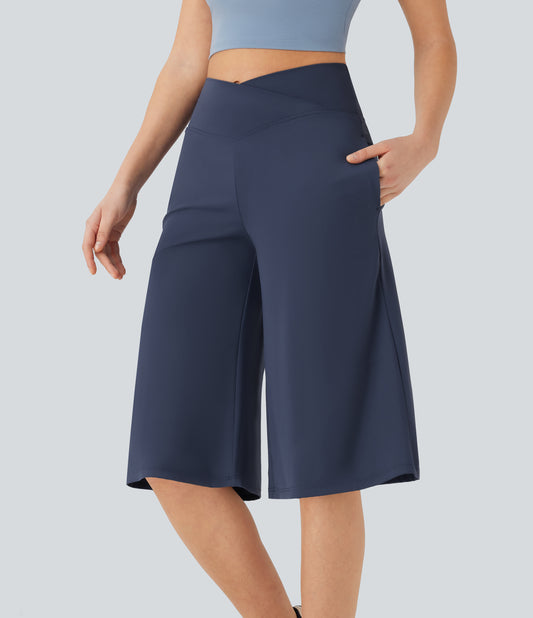 High Waisted Wide Leg Cool Touch Yoga Pedal Pusher Pants with Pockets