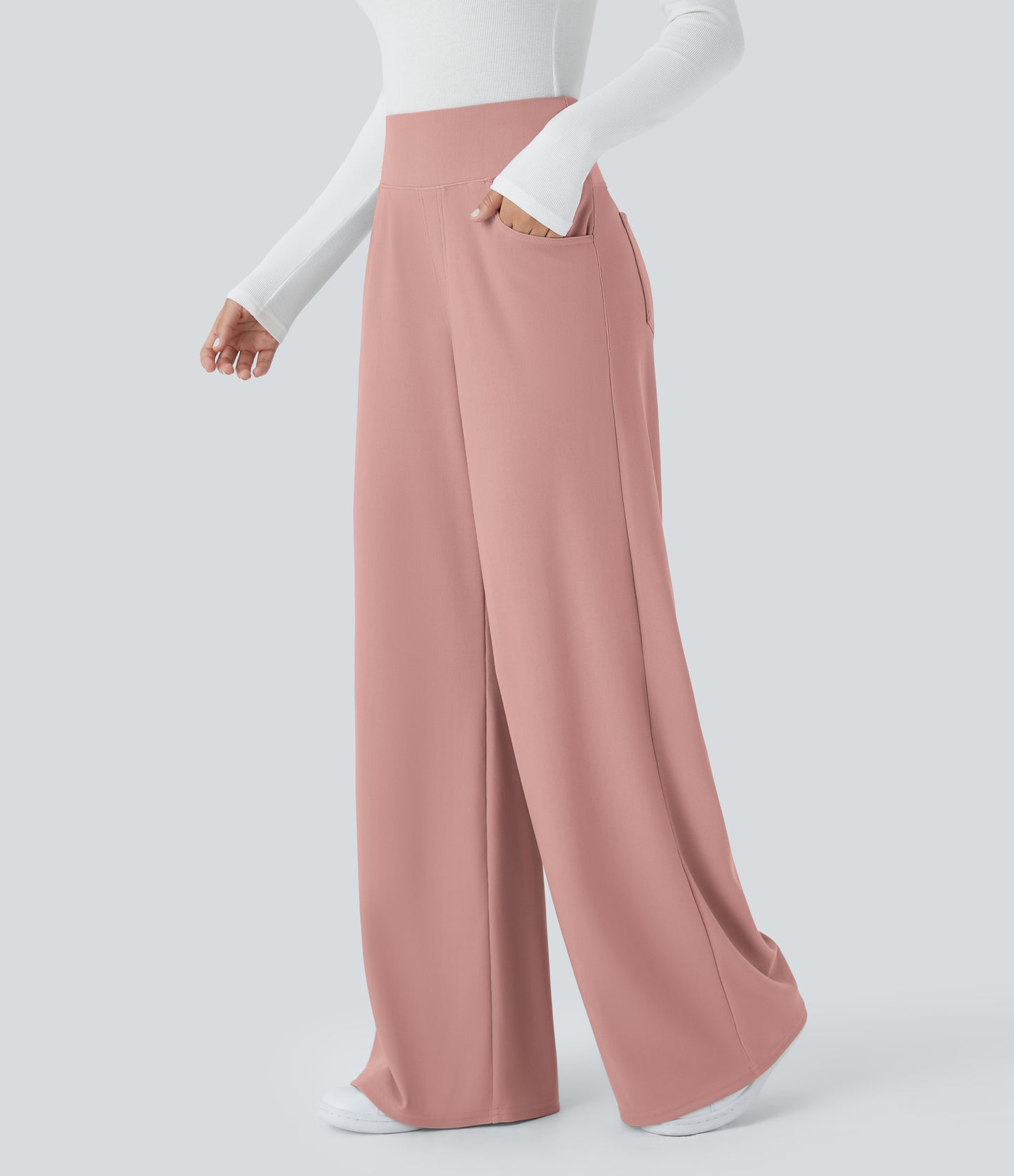High Waisted Tummy Control Pockets Wide Leg Micro Waffle Work Pants