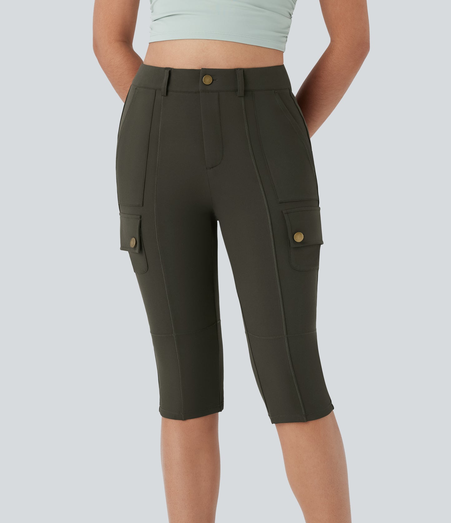 High Waisted Zipper Pockets Solid Skinny Pedal Pusher Casual Cargo Pants