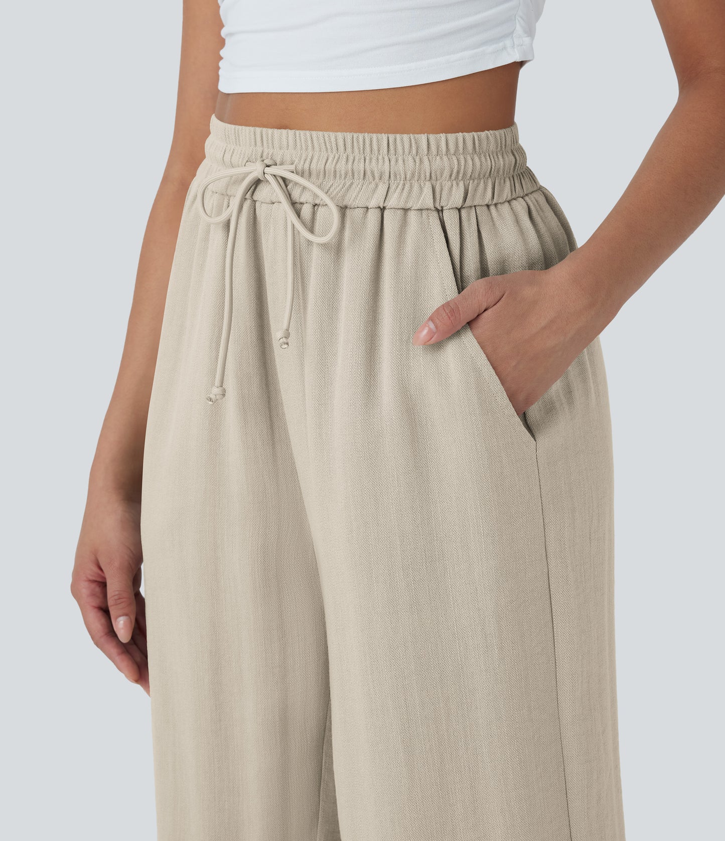 High Waisted Drawstring Wide Leg Cropped Casual Linen-Feel Pants with Pockets