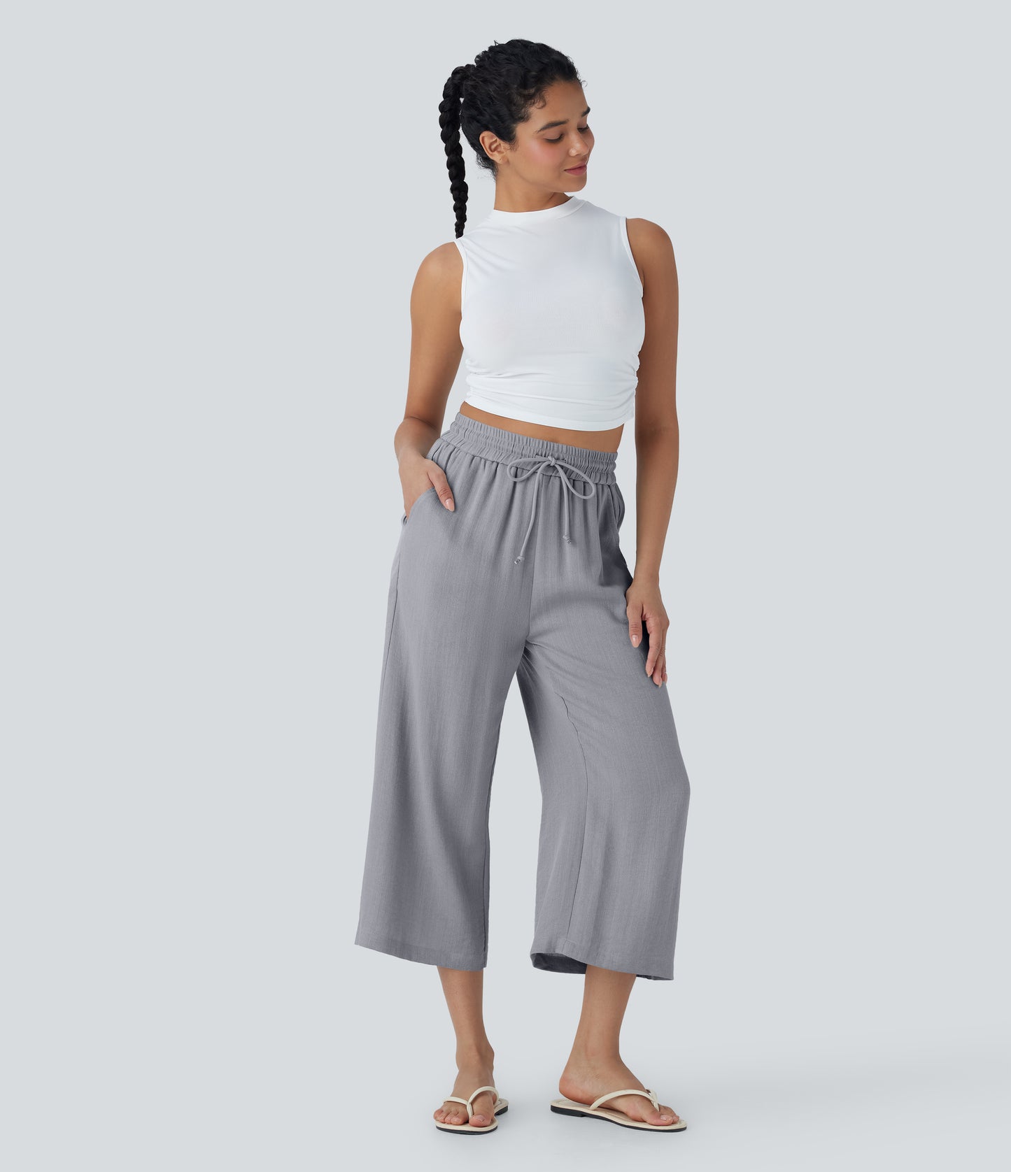 High Waisted Drawstring Wide Leg Cropped Casual Linen-Feel Pants with Pockets