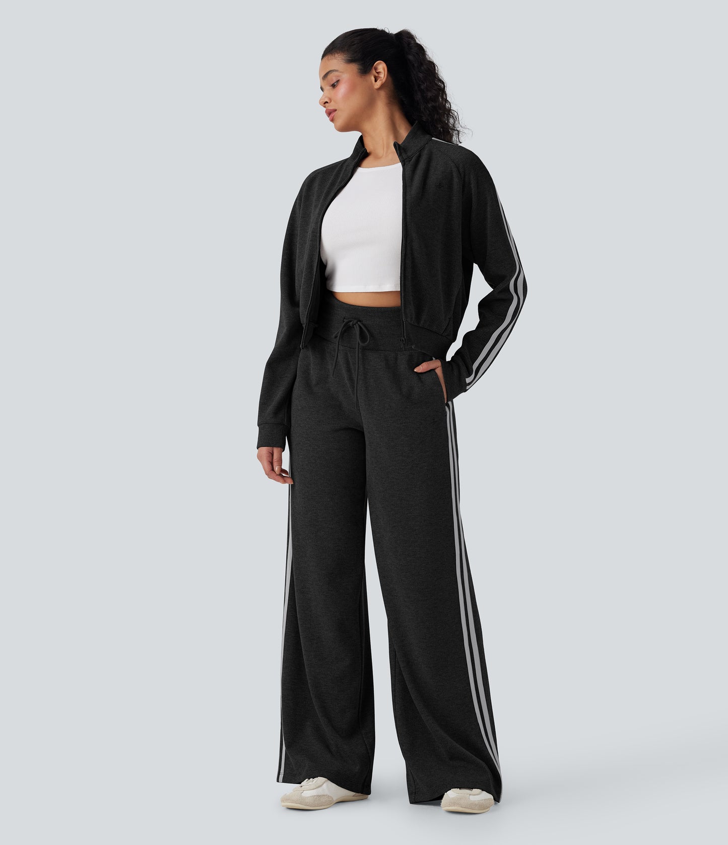 High Waisted Tummy Control Drawstring Wide Leg Color Block Casual Pants with Pockets