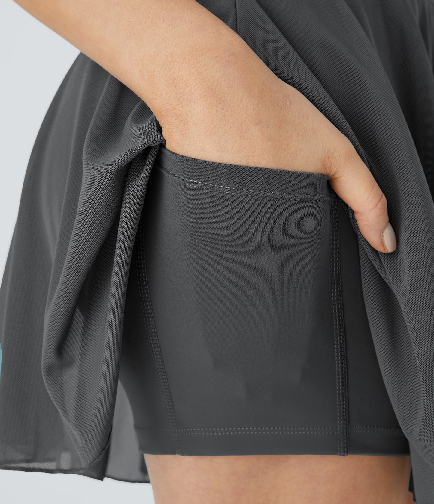 High Waisted Drawstring Contrast Mesh 2-in-1 Pocket Flowy Mini Flare Casual Skirt