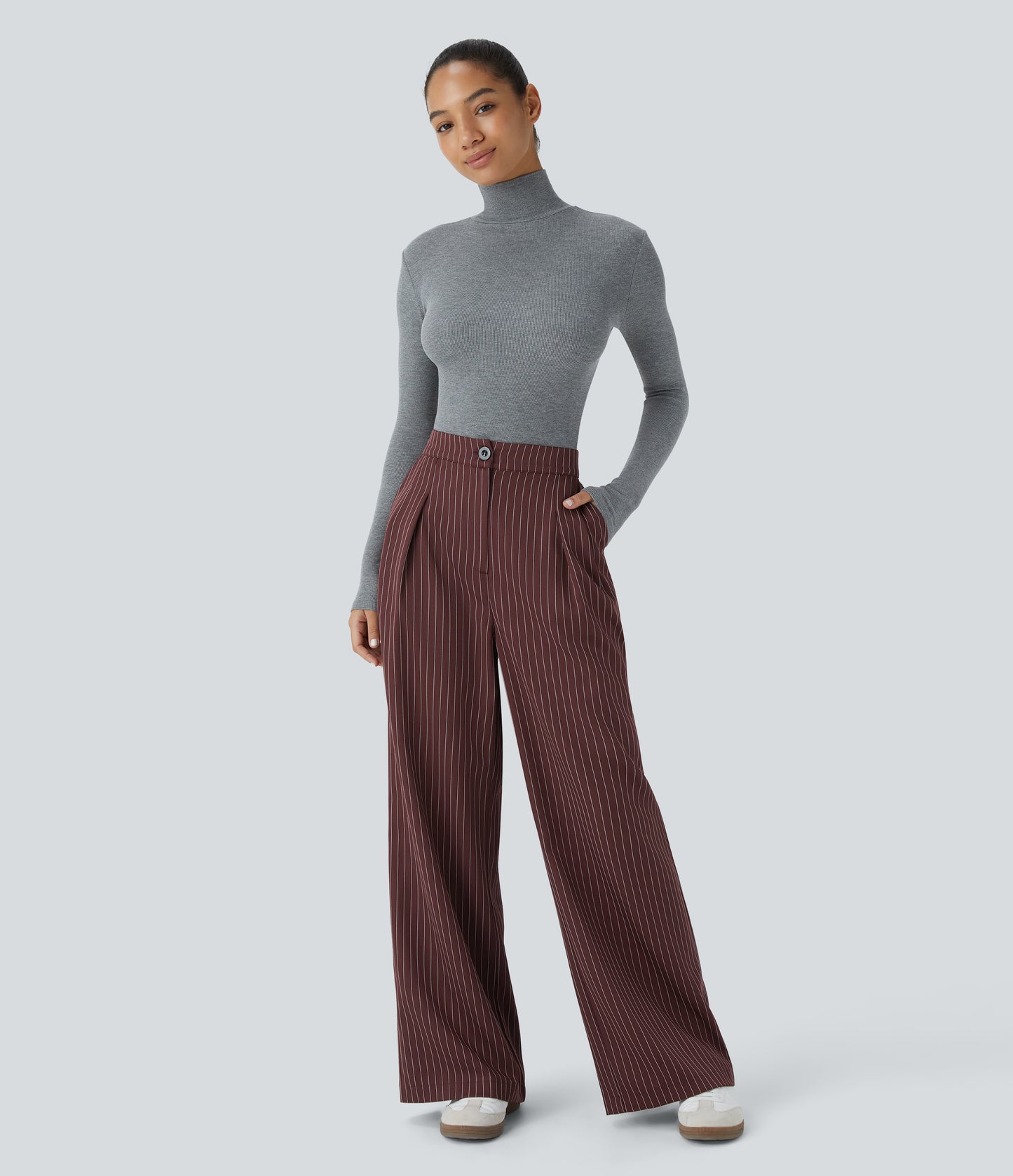 High Waisted Zipper Pocket Wide Leg Striped Work Pants