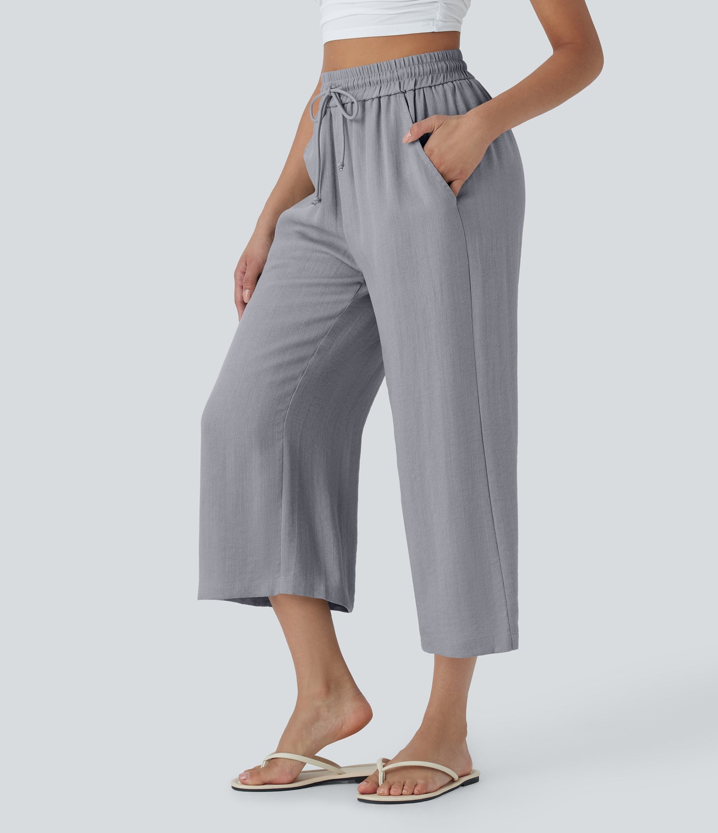 High Waisted Drawstring Wide Leg Cropped Casual Linen-Feel Pants with Pockets