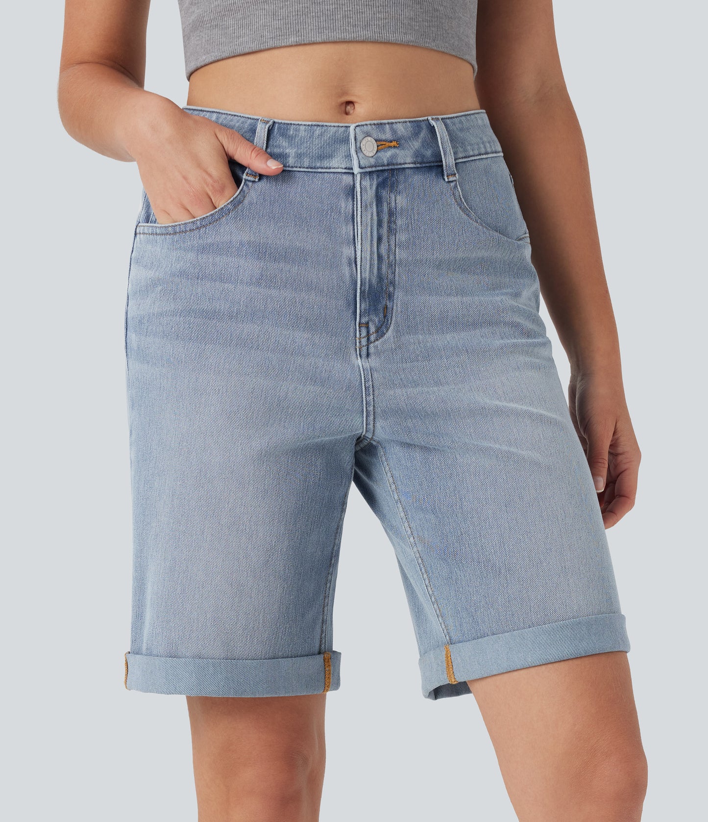 High Waisted Pockets Rolled Hem Washed Denim Casual Bermuda Shorts