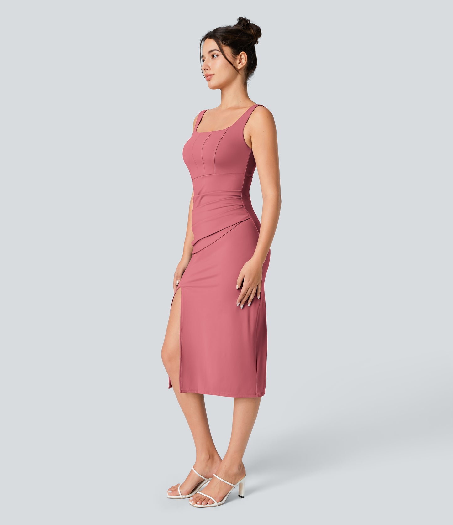 Square Neck Backless Corset Ruched Split Bodycon Midi Cool Touch Bridesmaid and Wedding Guest Dress