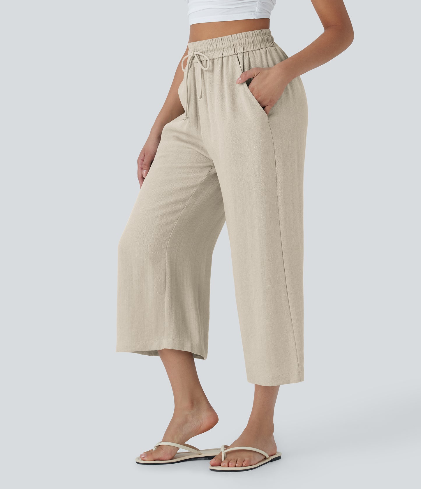 High Waisted Drawstring Wide Leg Cropped Casual Linen-Feel Pants with Pockets
