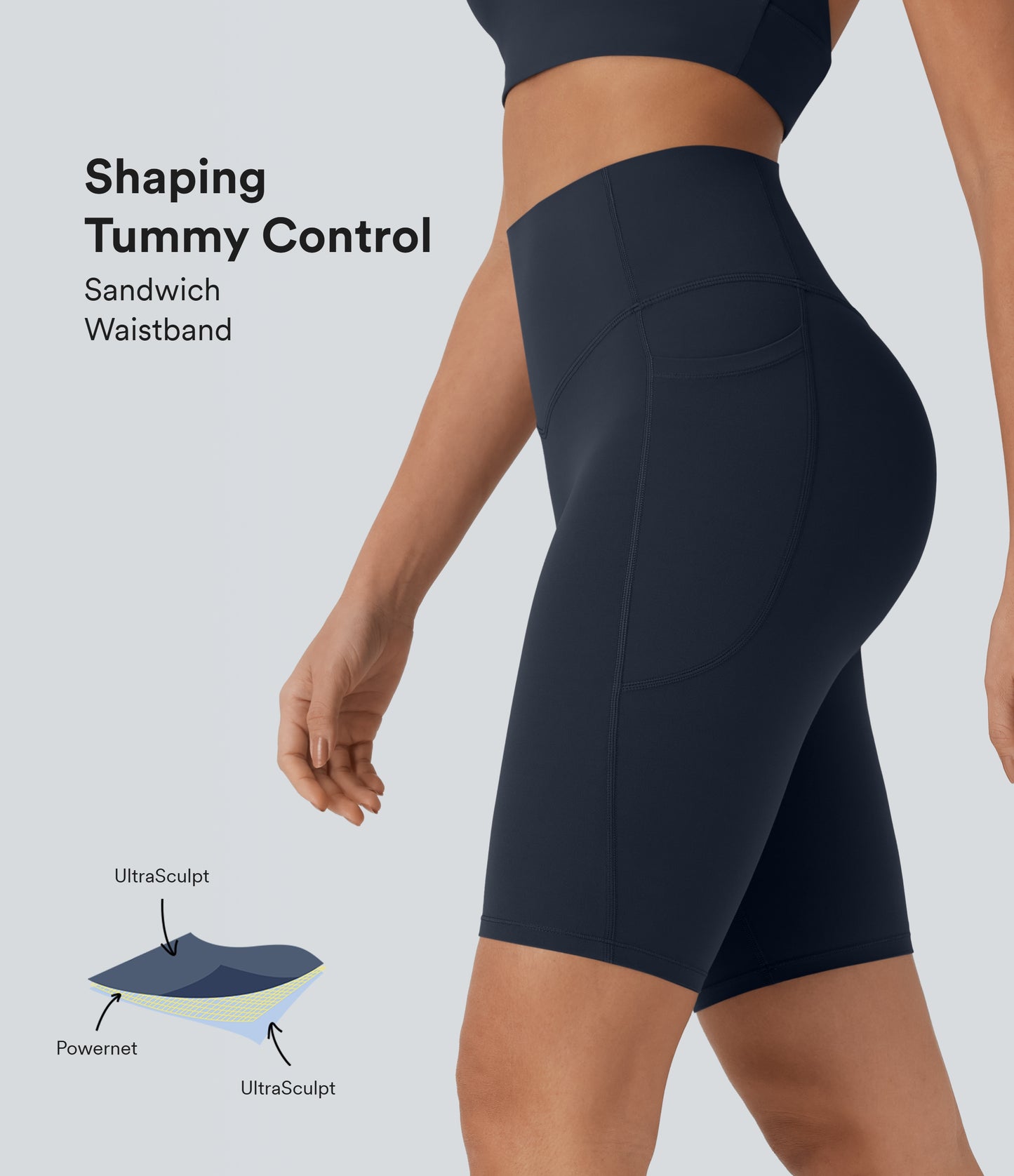 Short cycliste taille haute avec poches gainantes et effet gainant, 23 cm