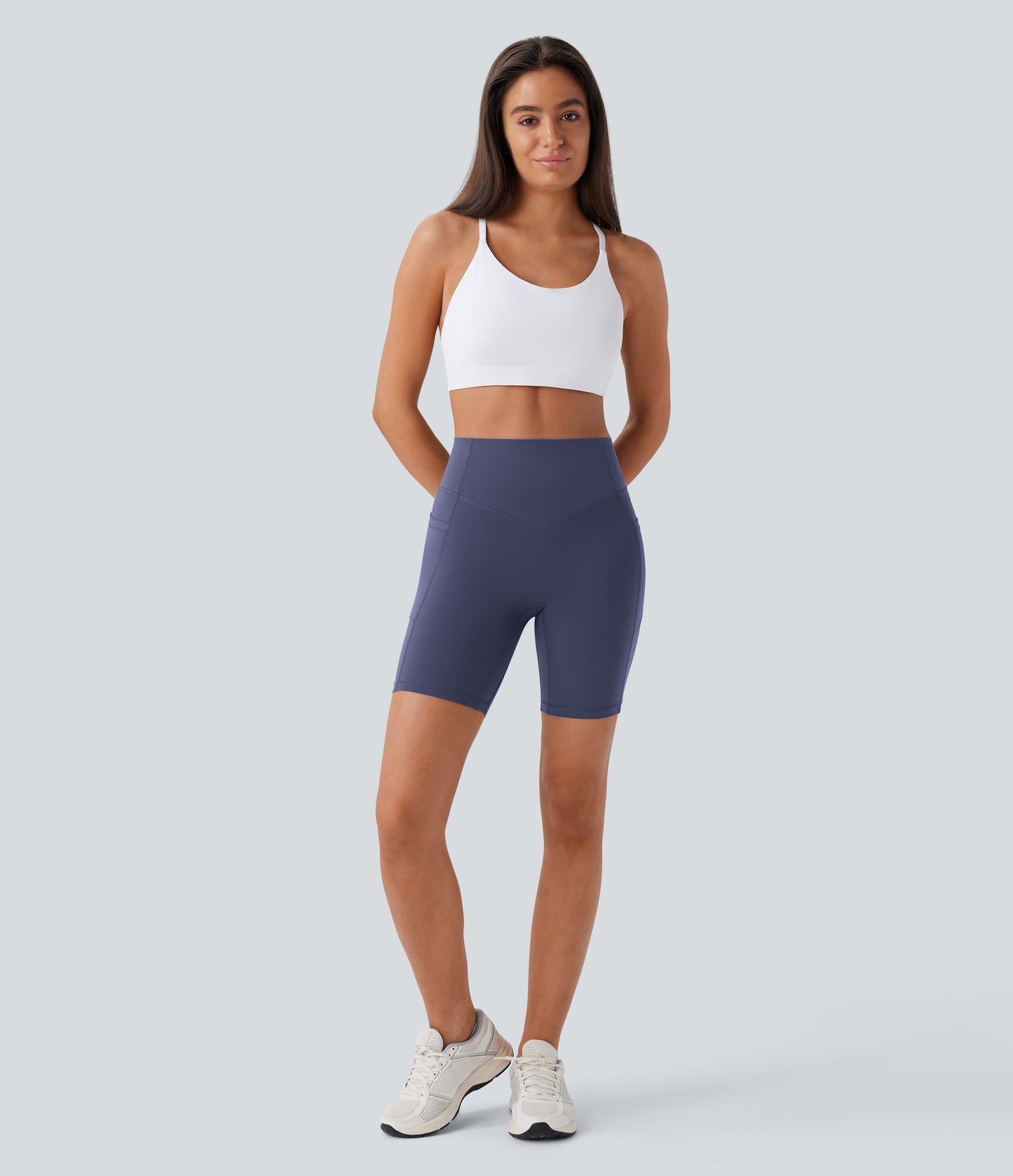 Høy midje, skrumpet rumpeløftende, magekontroll, formende treningsbiker-shorts med sidelommer, 18 cm