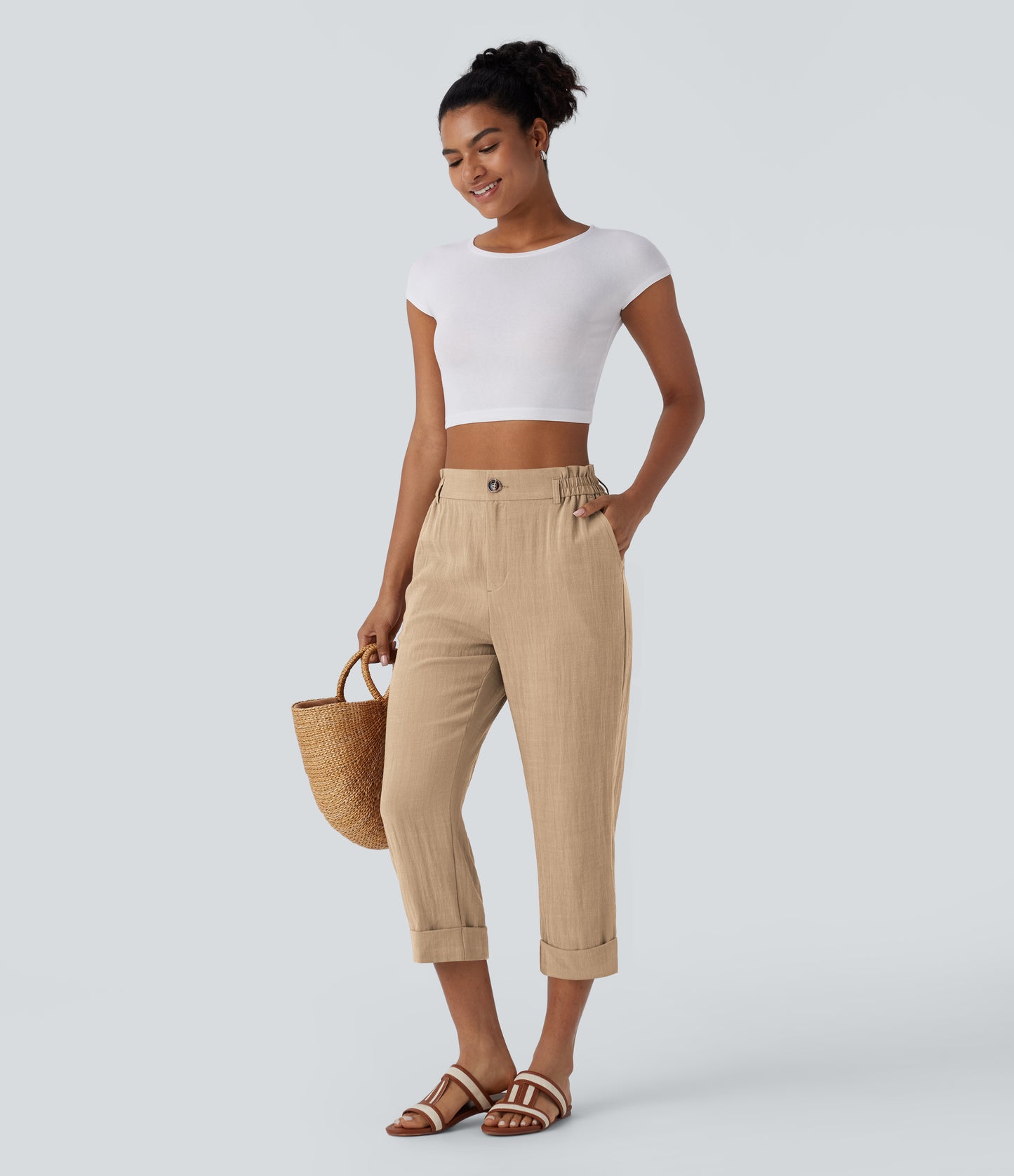 High Waisted Zipper Pocket Capri Linen-Feel Pants
