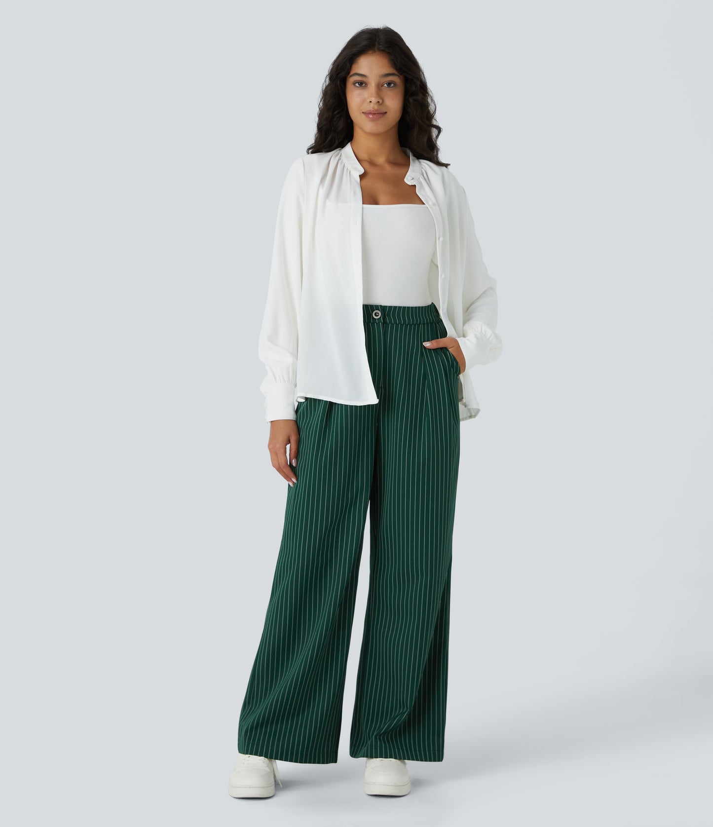 High Waisted Zipper Pocket Wide Leg Striped Work Pants