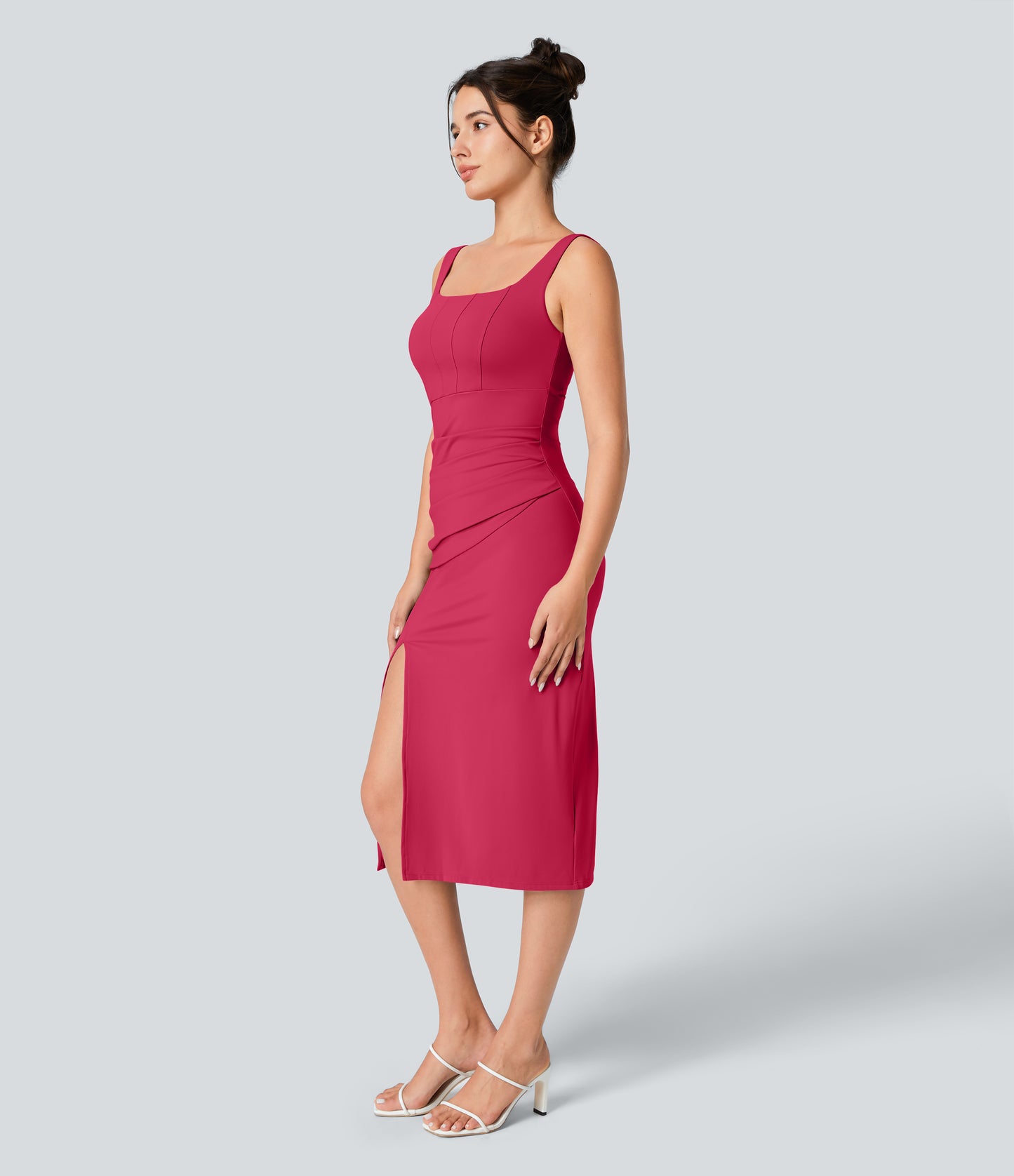 Square Neck Backless Corset Ruched Split Bodycon Midi Cool Touch Bridesmaid and Wedding Guest Dress